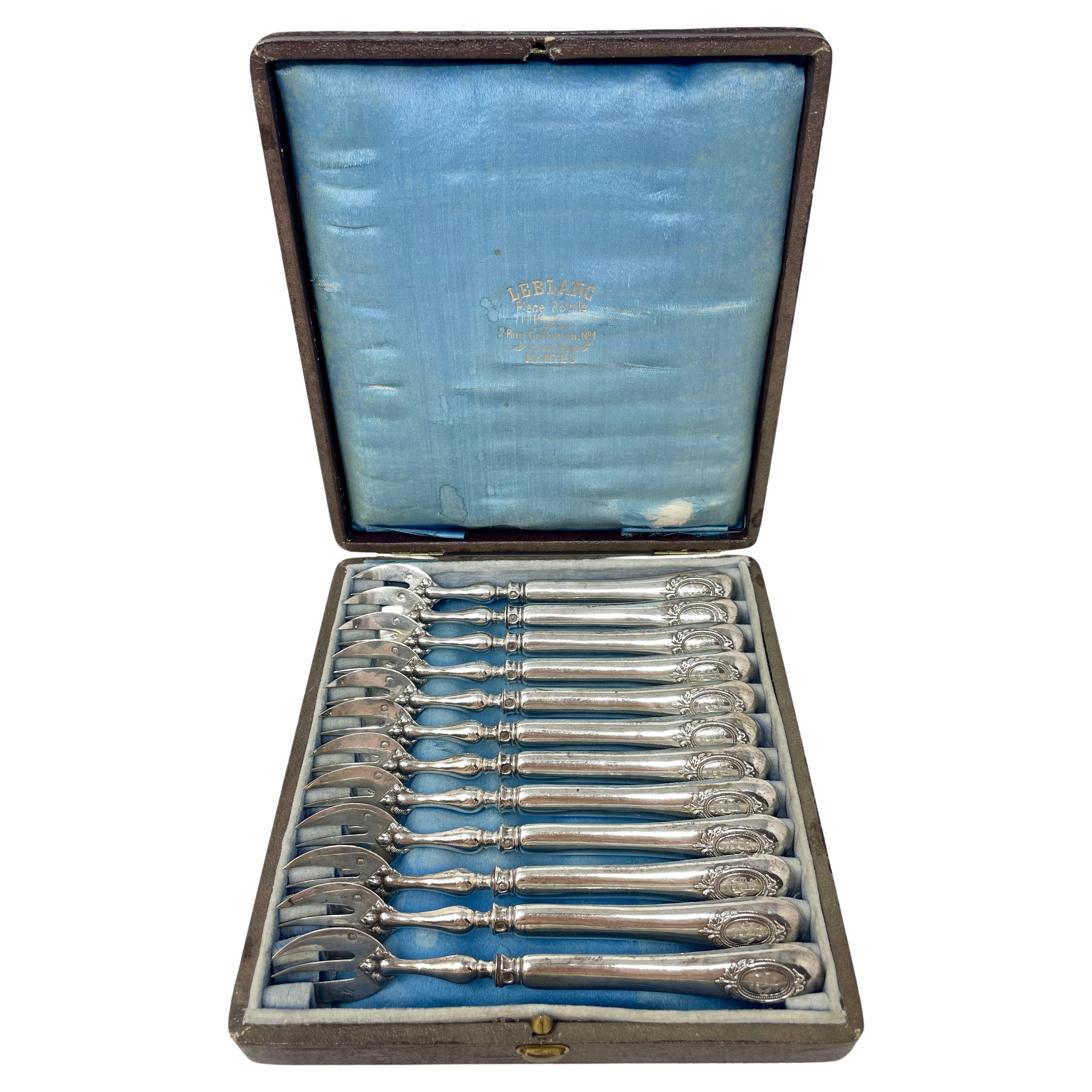Set of 12 Antique French Silver Hallmarked Oyster Forks in Case, Circa 1885. For Sale
