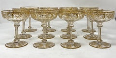 Set of 12 Antique French Val Saint Lambert Gold-Etched Crystal Champagne Coupes