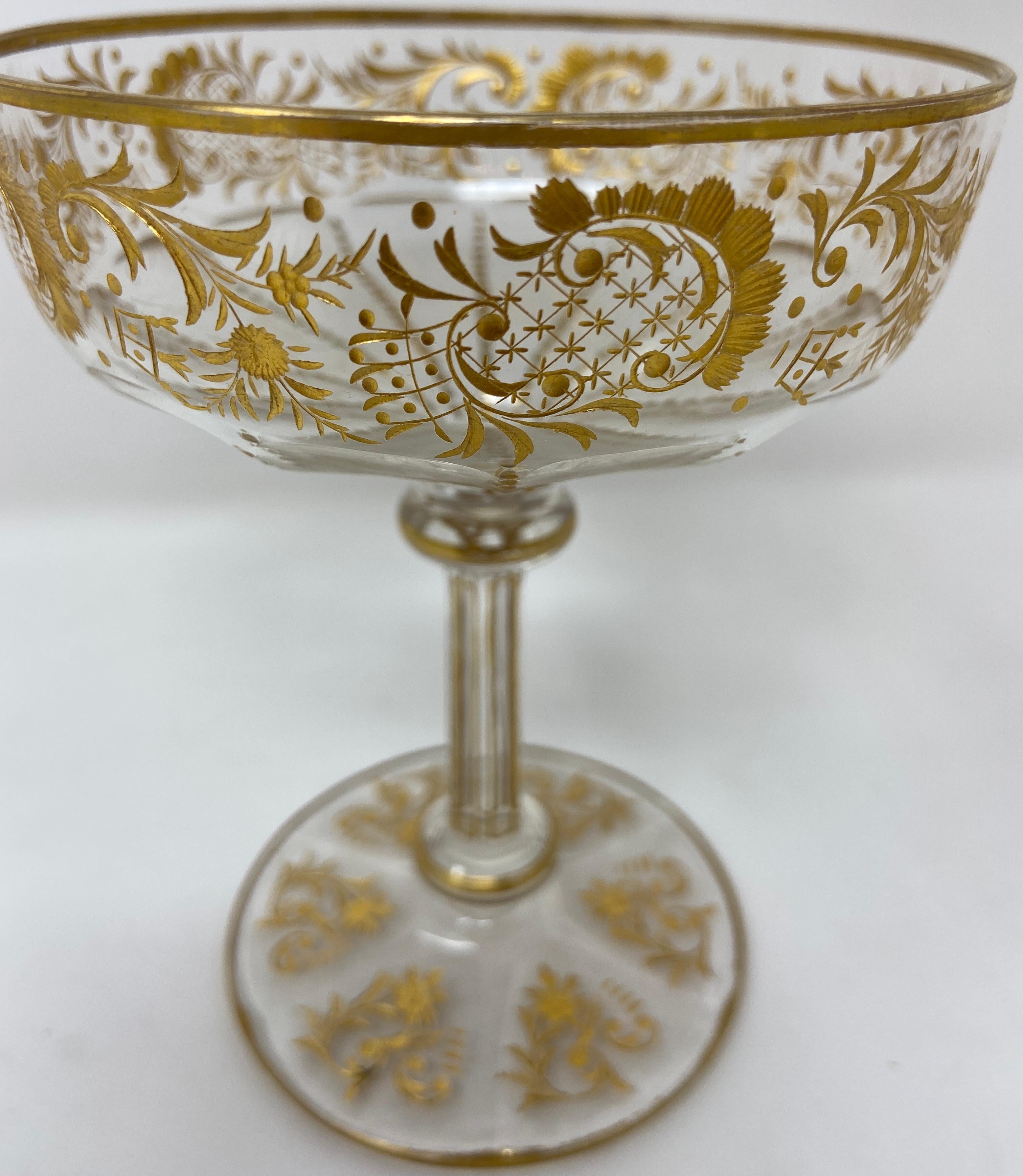 19th Century Set of 12 Antique French Val Saint Lambert Gold-Etched Crystal Champagne Coupes