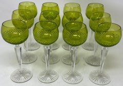 Set of 12 Antique German Green & Clear Cut Crystal Rhine Wine Glasses Circa 1900