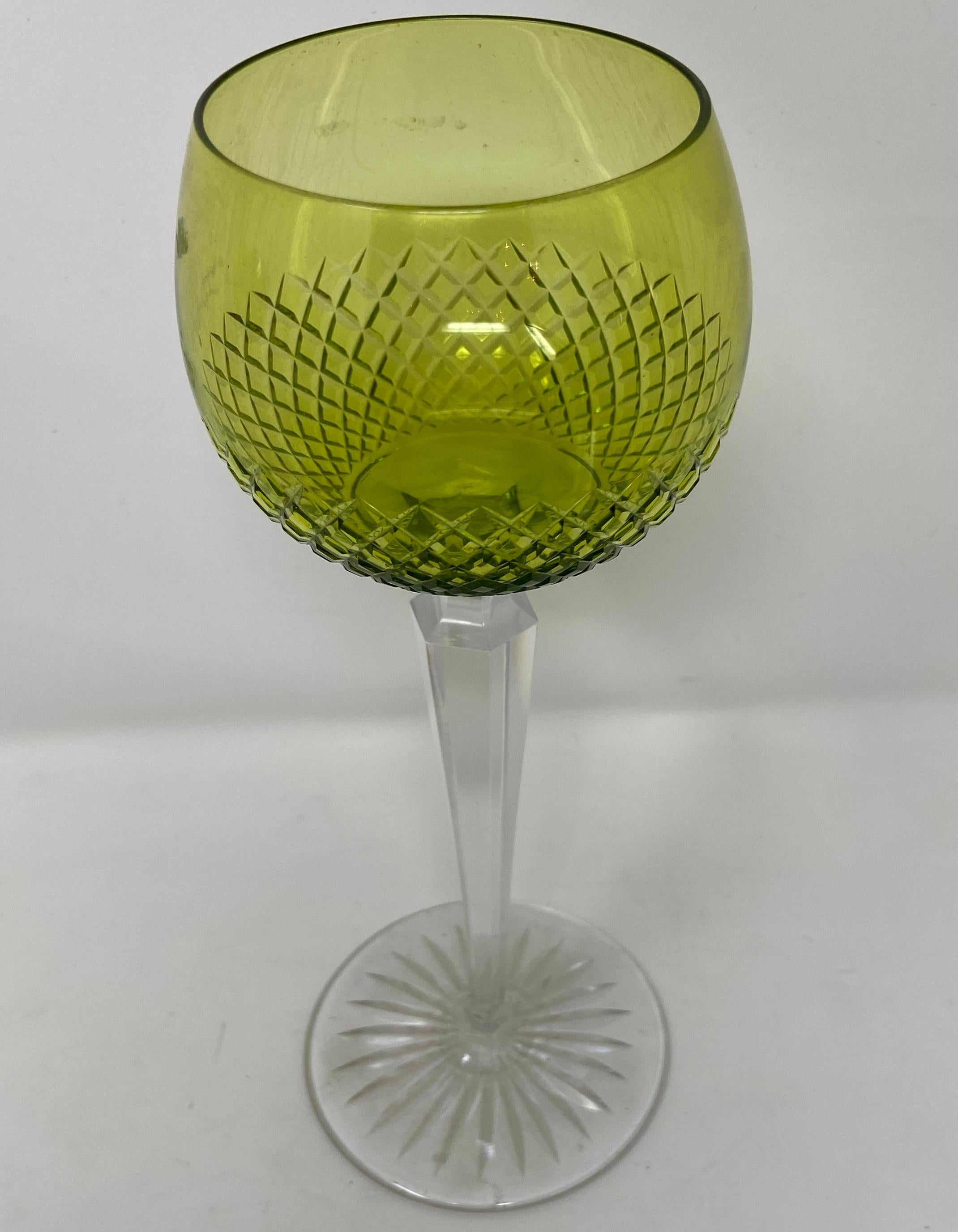 Set of 12 Antique German Green & Clear Cut Crystal Rhine Wine Glasses Circa 1900 In Good Condition In New Orleans, LA