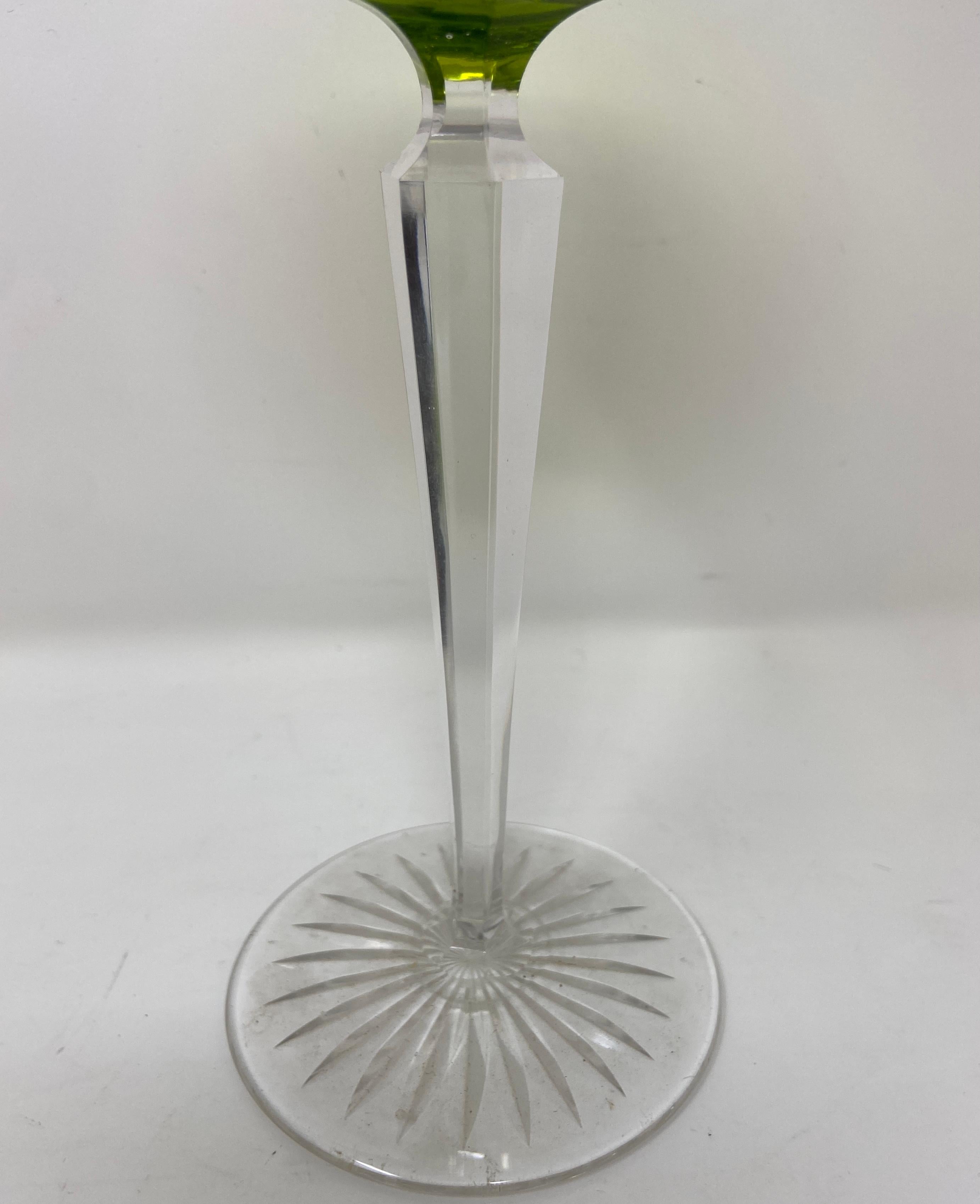 20th Century Set of 12 Antique German Green & Clear Cut Crystal Rhine Wine Glasses Circa 1900