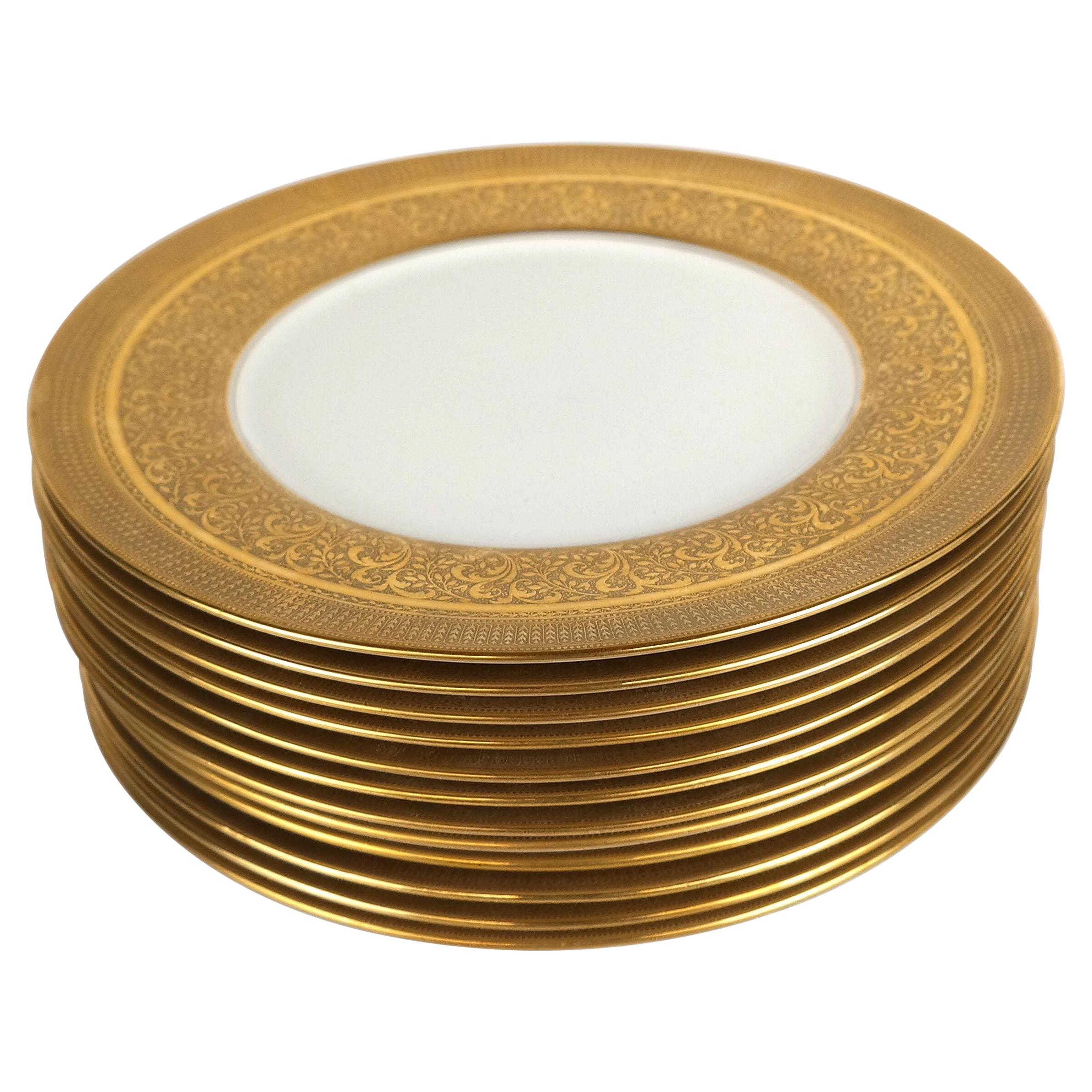 Set of 12 Antique Gilt Encrusted Dinner Plates, American, Circa 1920 at