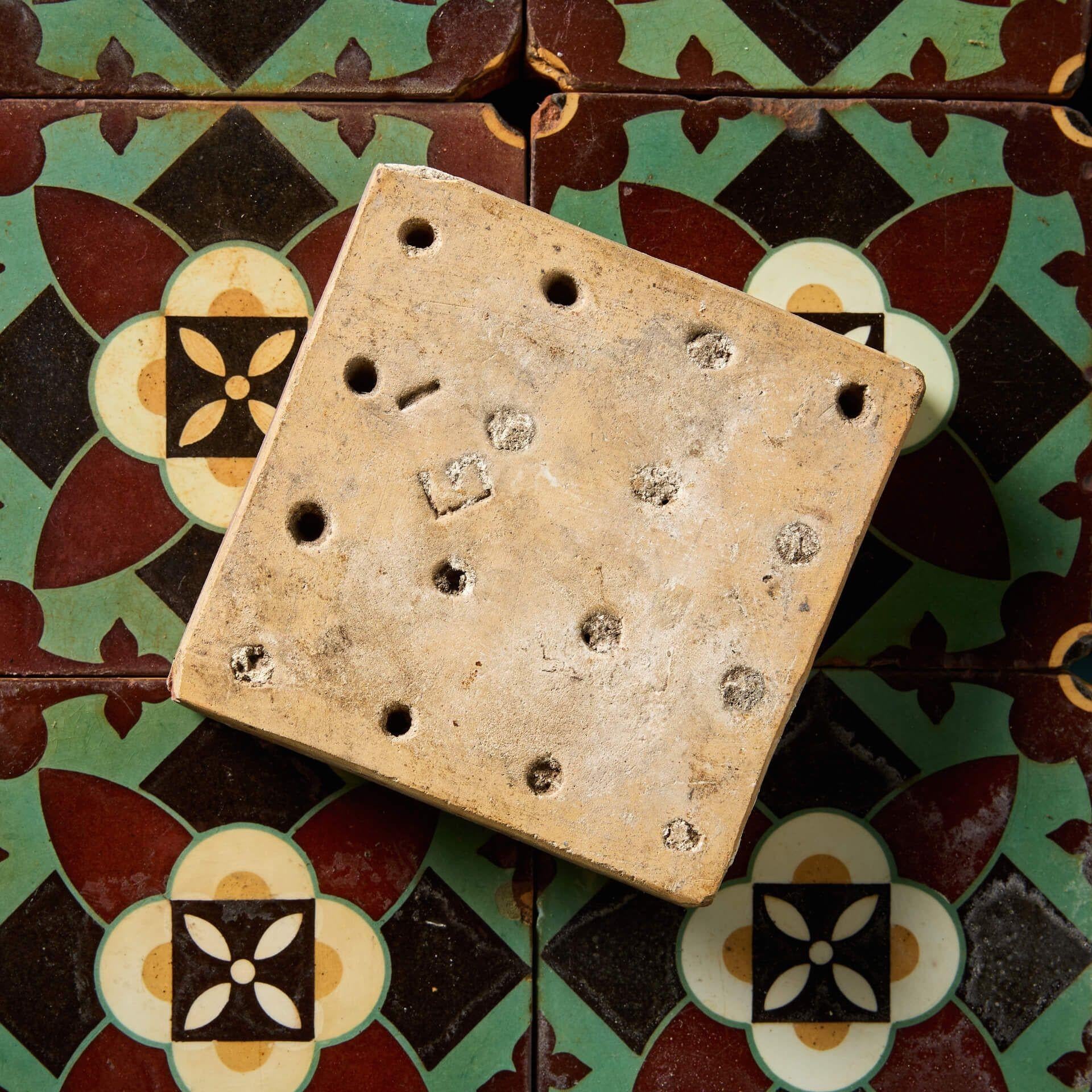 English Set of 12 Antique Glazed Encaustic Floral Tiles by Minton For Sale