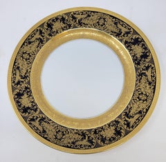 Set of 12 Antique Gold-Etched Cobalt Blue Dining Plates