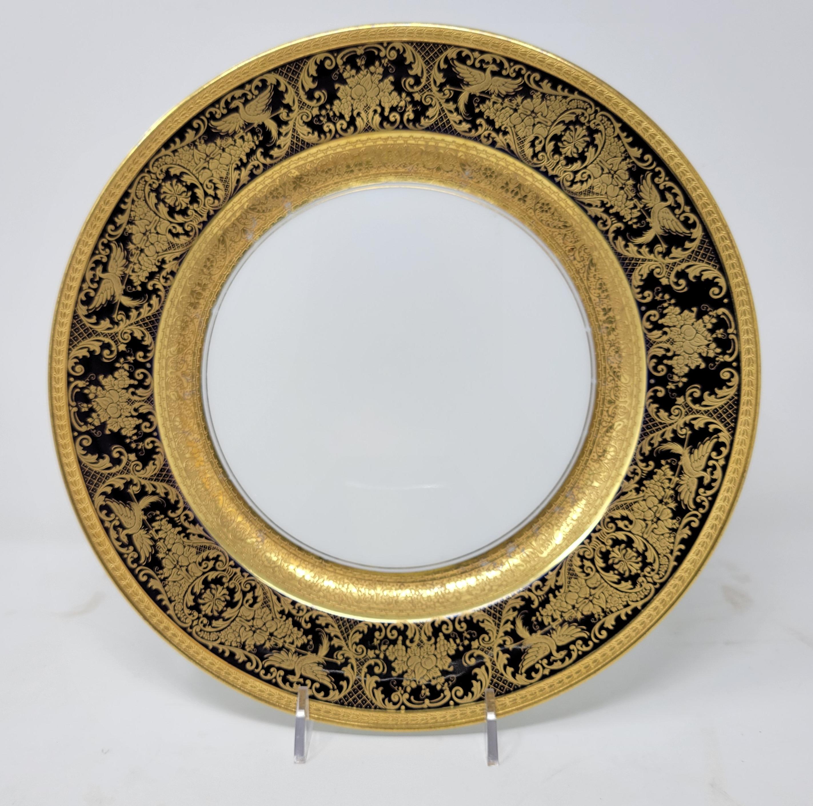 German Set of 12 Antique Gold-Etched Cobalt Blue Dining Plates 