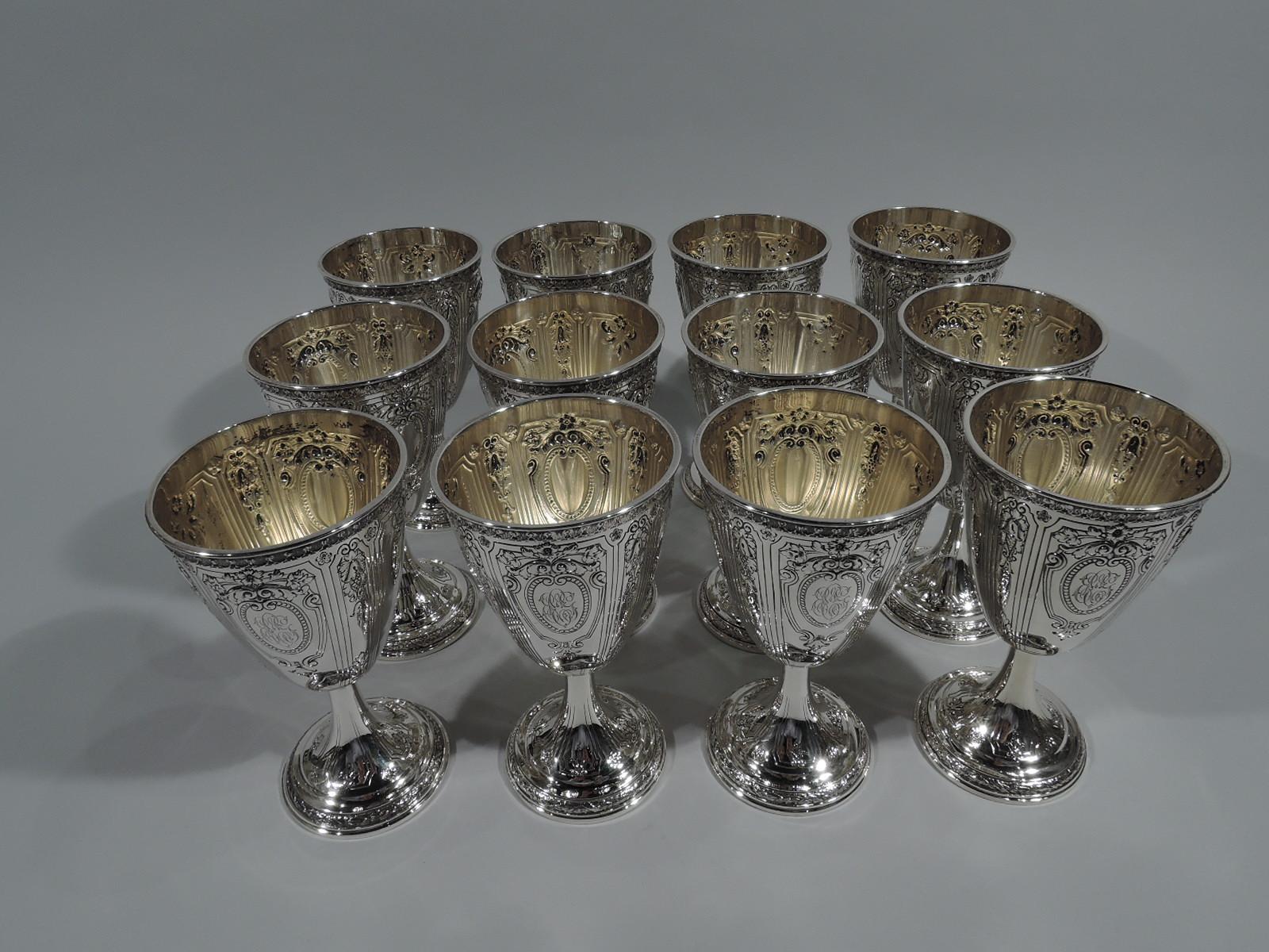 Neoclassical Revival Set of 12 Antique Gorham Sterling Silver Goblets in Maintenon Pattern
