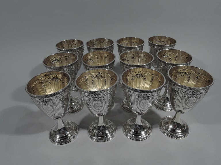 Set of 12 Antique Gorham Sterling Silver Goblets in Maintenon Pattern