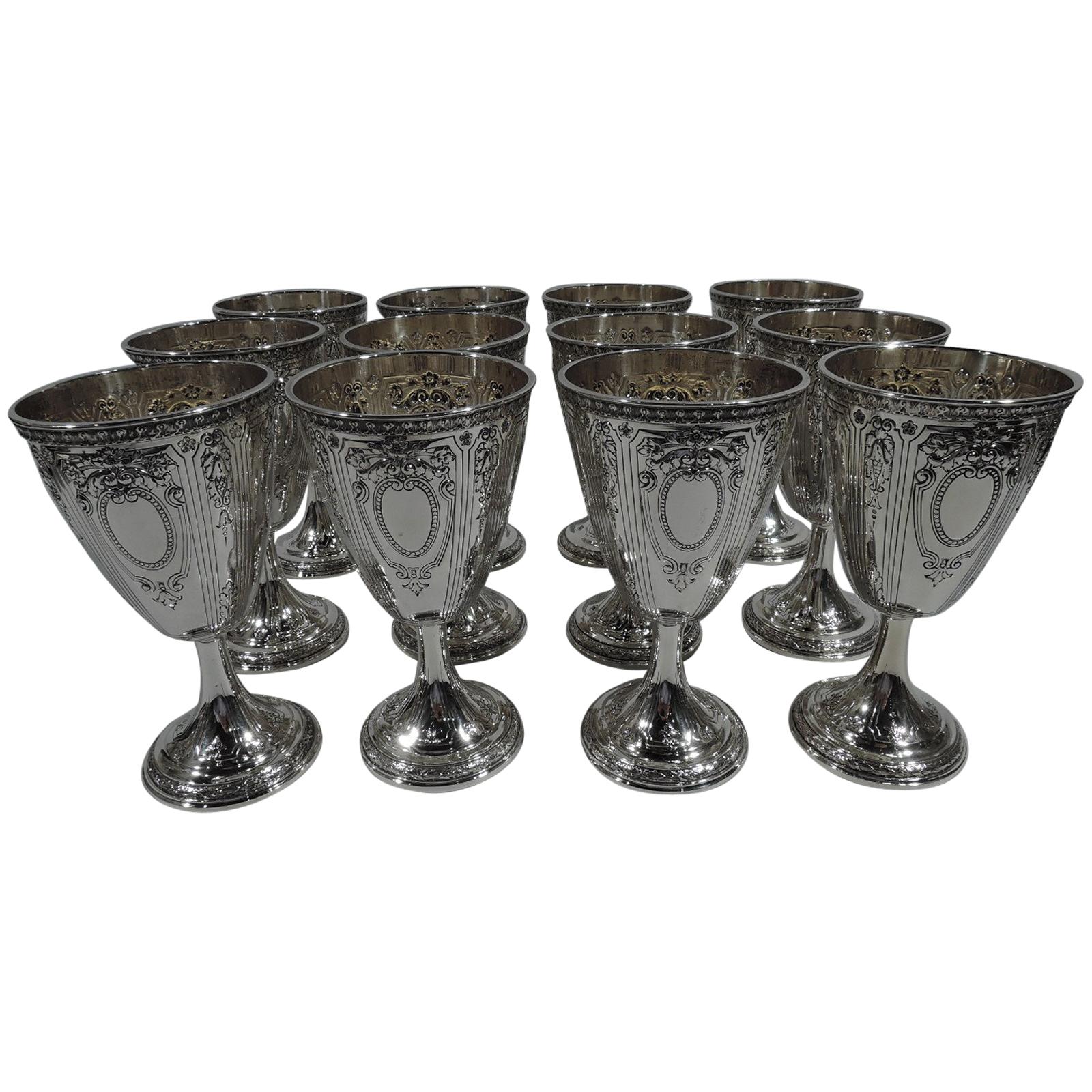 Set of 12 Antique Gorham Sterling Silver Goblets in Maintenon Pattern