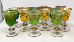 Set of 12 Antique Italian Multi-Colored Venetian Glass Wine Goblets, Circa 1890.