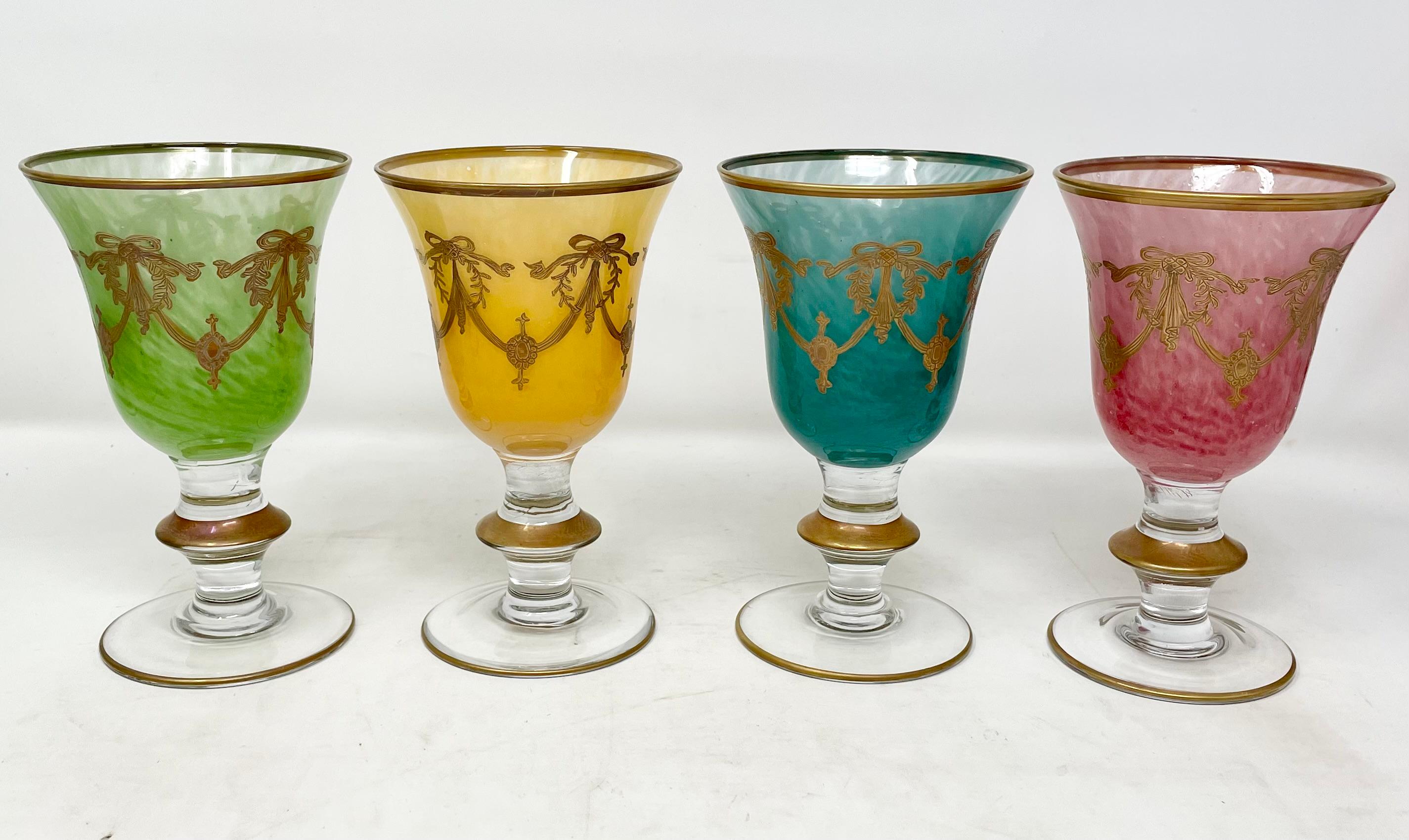 Set of 12 Antique Italian Multi-Colored Venetian Glass Wine Goblets, Circa 1890. In Good Condition For Sale In New Orleans, LA