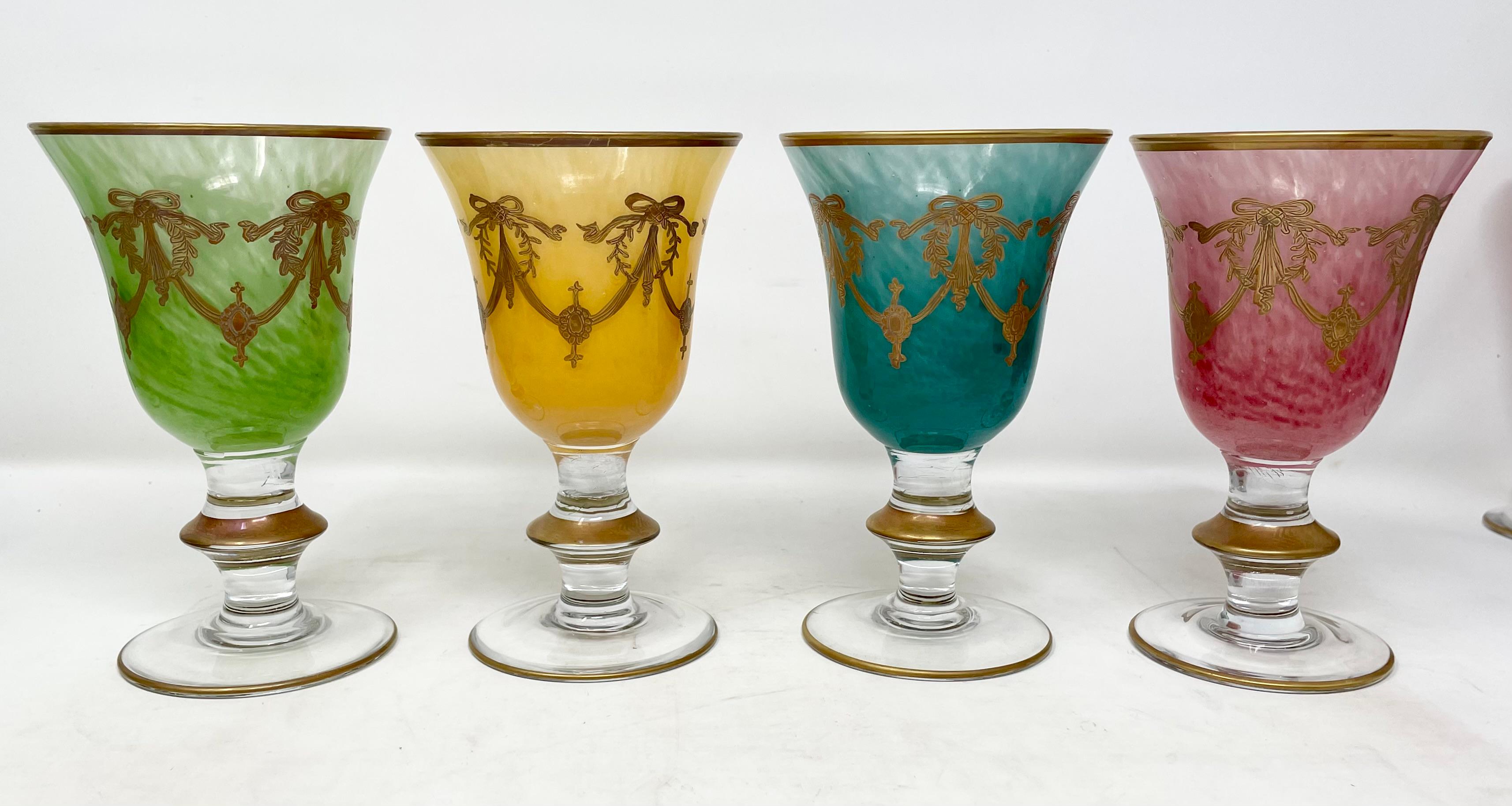 19th Century Set of 12 Antique Italian Multi-Colored Venetian Glass Wine Goblets, Circa 1890. For Sale