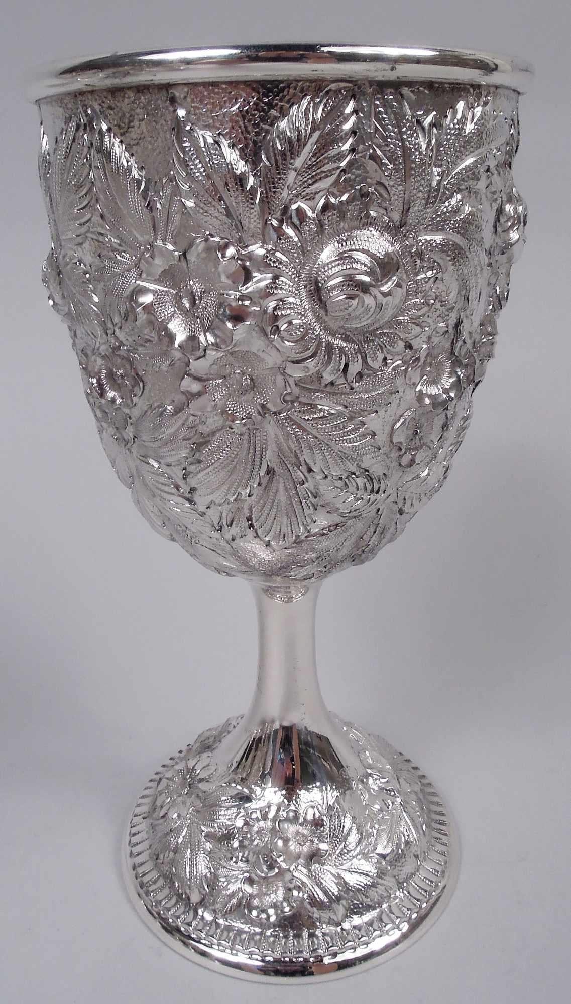 Edwardian Set of 12 Antique Kirk Baltimore Repousse Sterling Silver Goblets For Sale