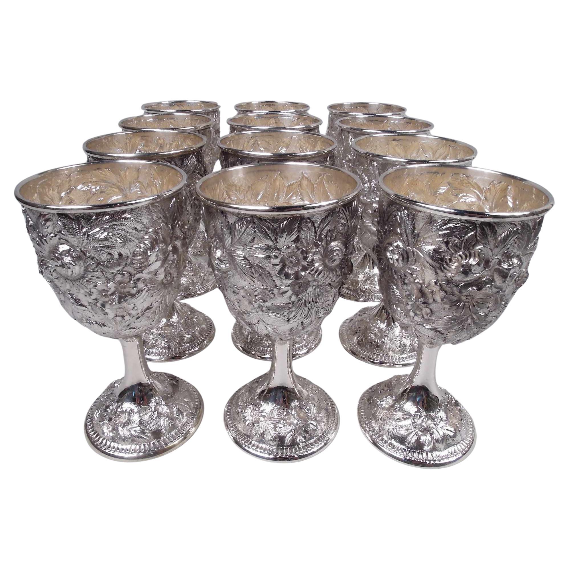 Set of 12 Antique Kirk Baltimore Repousse Sterling Silver Goblets For Sale