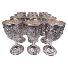 Set of 12 Antique Kirk Baltimore Repousse Sterling Silver Goblets