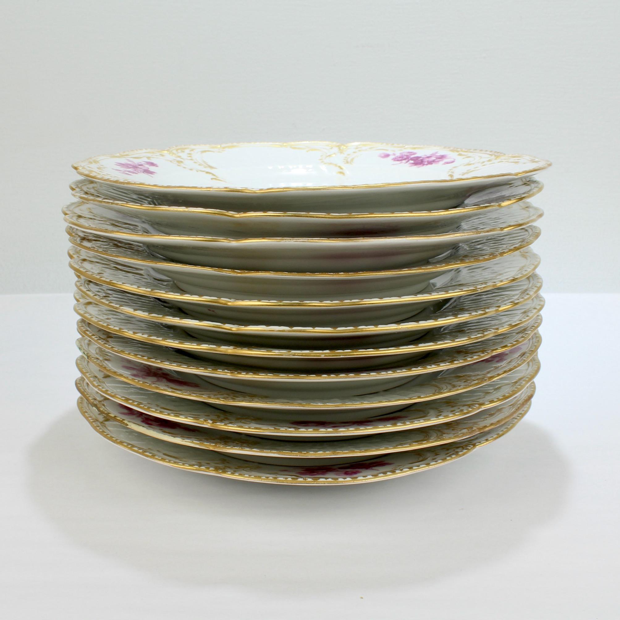 Set of 12 Antique KPM Royal Berlin Porcelain Reliefzierat Dinner Plates in Puce 8