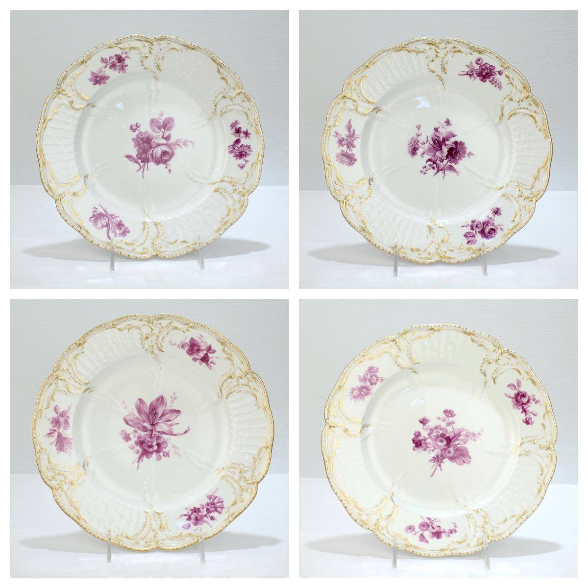 Hand-Painted Set of 12 Antique KPM Royal Berlin Porcelain Reliefzierat Dinner Plates in Puce