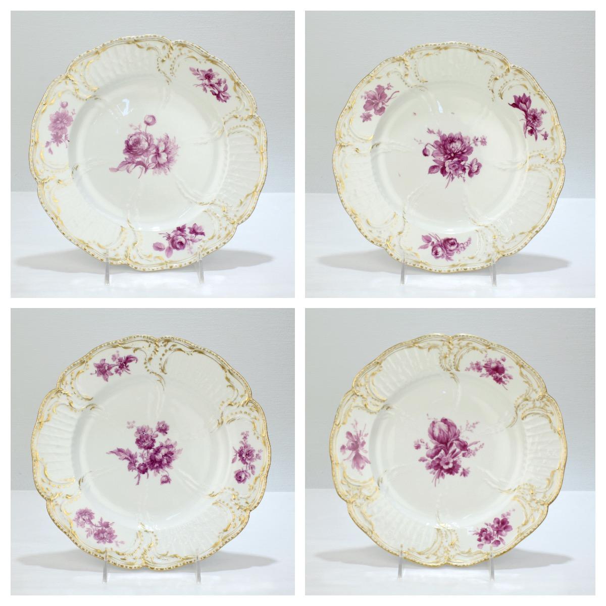 Set of 12 Antique KPM Royal Berlin Porcelain Reliefzierat Dinner Plates in Puce In Good Condition In Philadelphia, PA