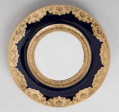 Set of 12 Antique Limoges Blue & Gilt Dinner Plates by Lanternier