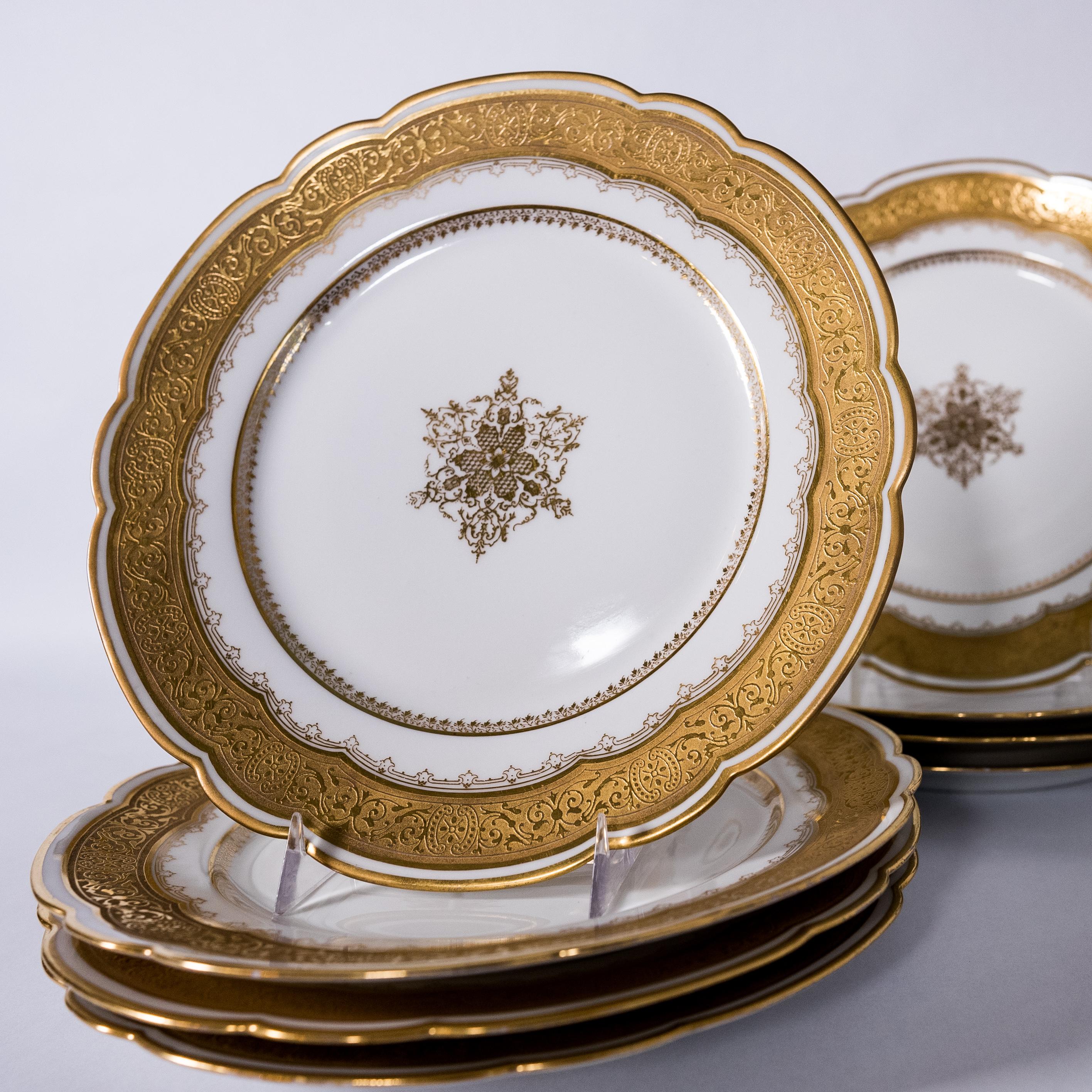 Belle Époque Set of 12 Antique Limoges France Dessert Plates Gilt Medallion Center Gold Band