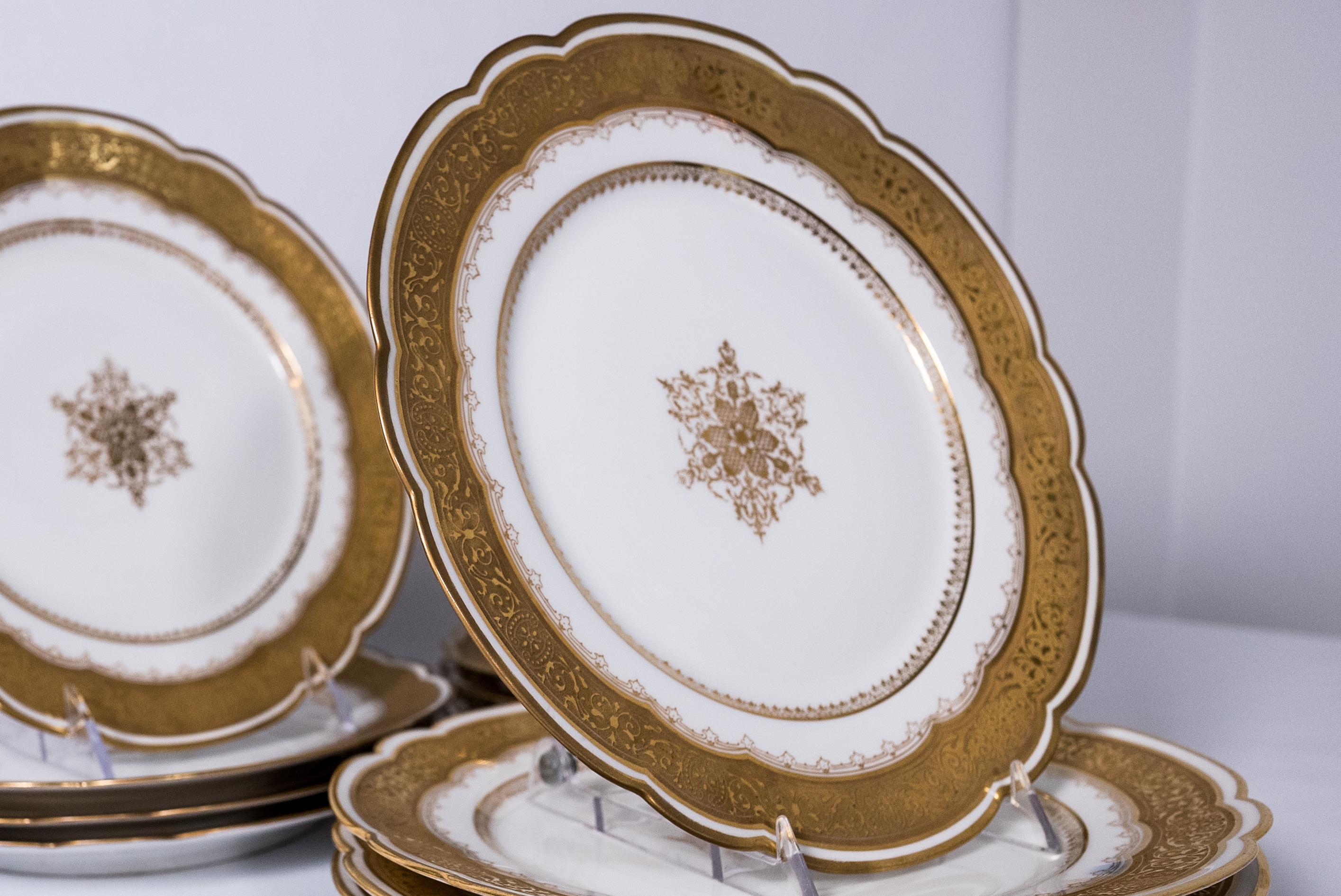 Hand-Crafted Set of 12 Antique Limoges France Dessert Plates Gilt Medallion Center Gold Band