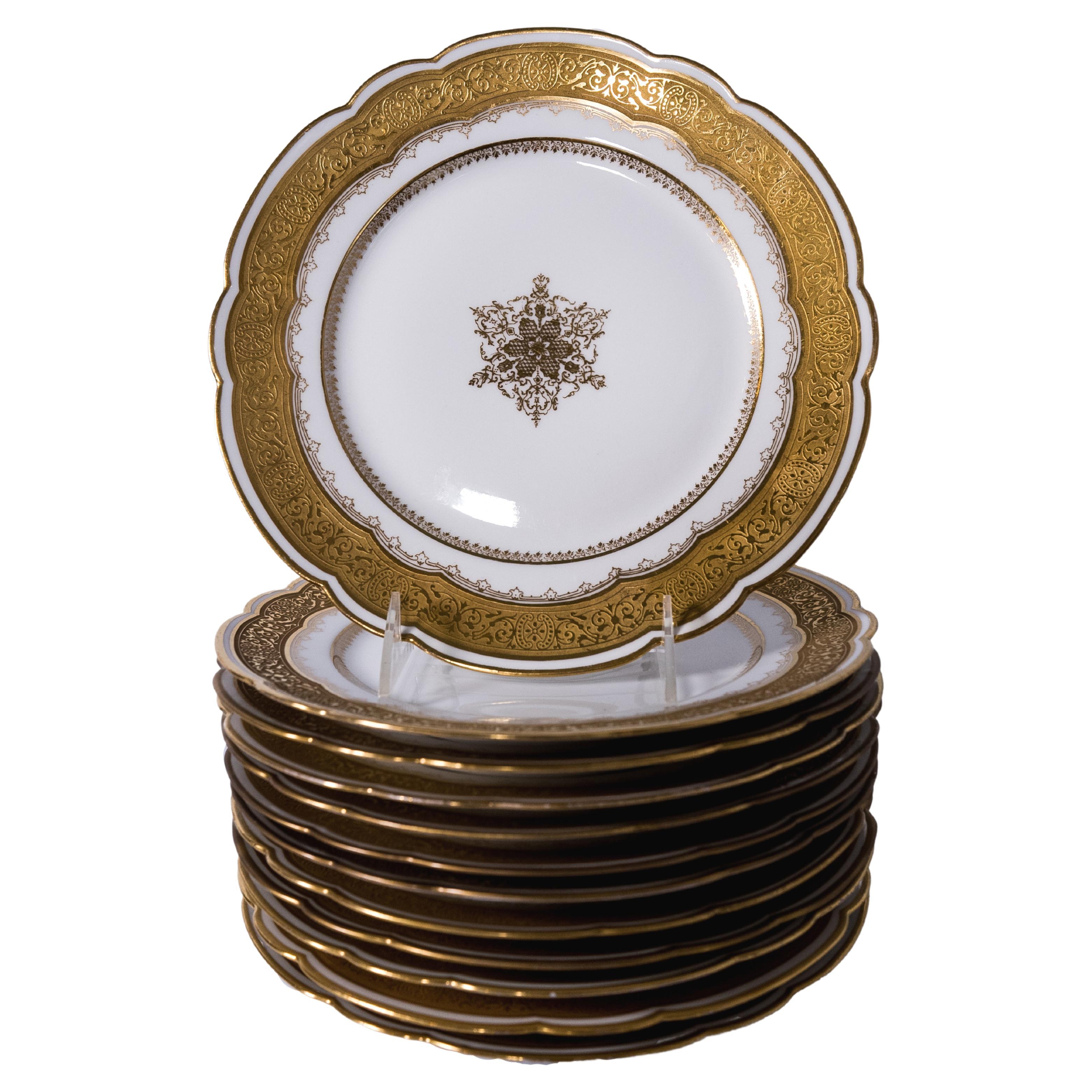 Set of 12 Antique Limoges France Dessert Plates Gilt Medallion Center Gold Band