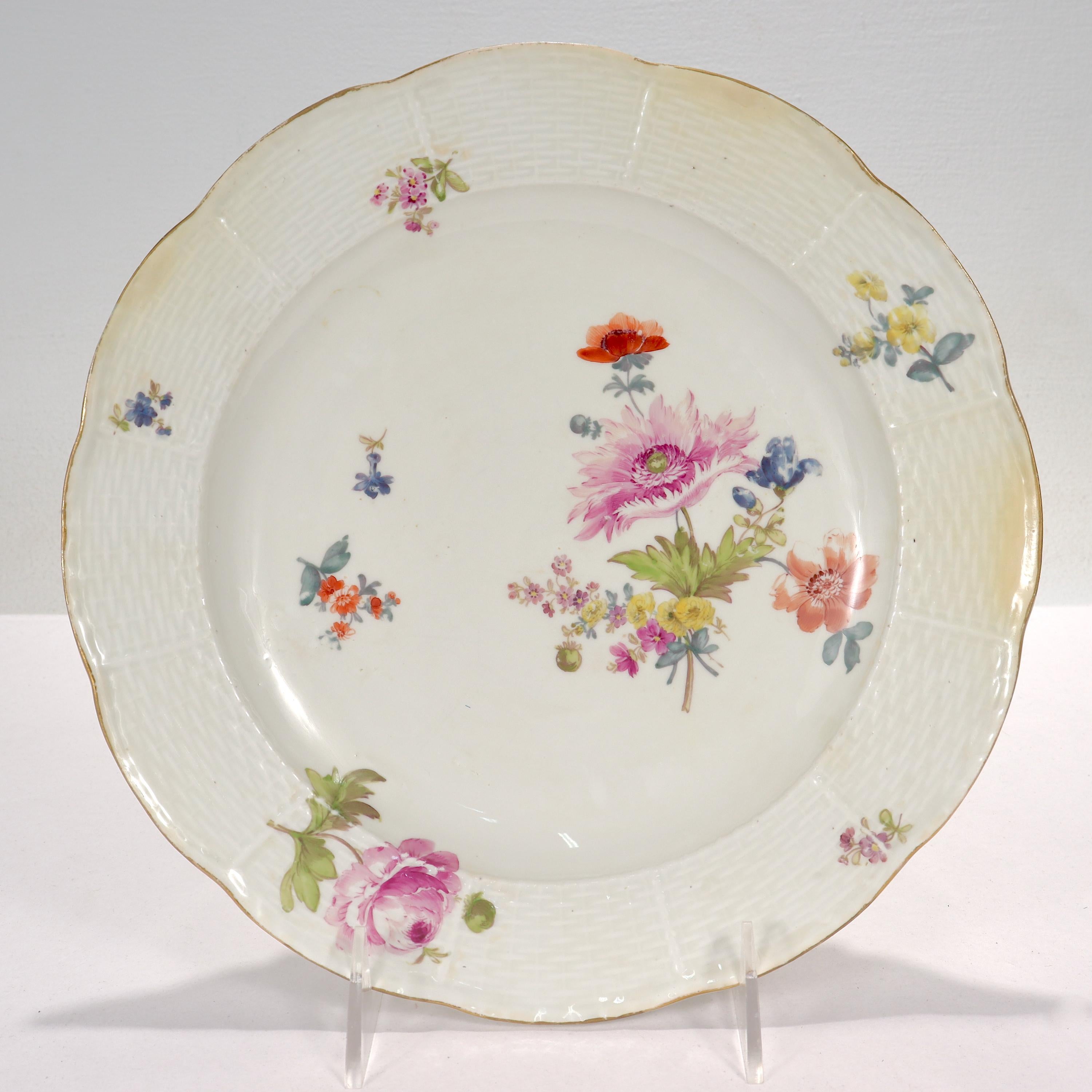 Painted Set of 12 Antique Meissen Porcelain 'Old Ozier' Pattern Cabinet or Dinner Plates For Sale
