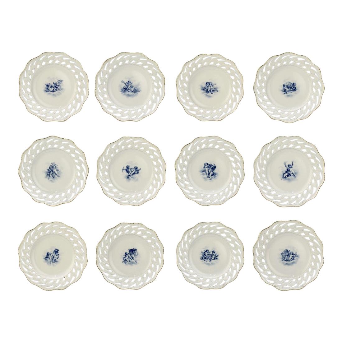 Set of 12 Antique Meissen Porcelain Reticulated Cabinet Plates with Cherubs For Sale