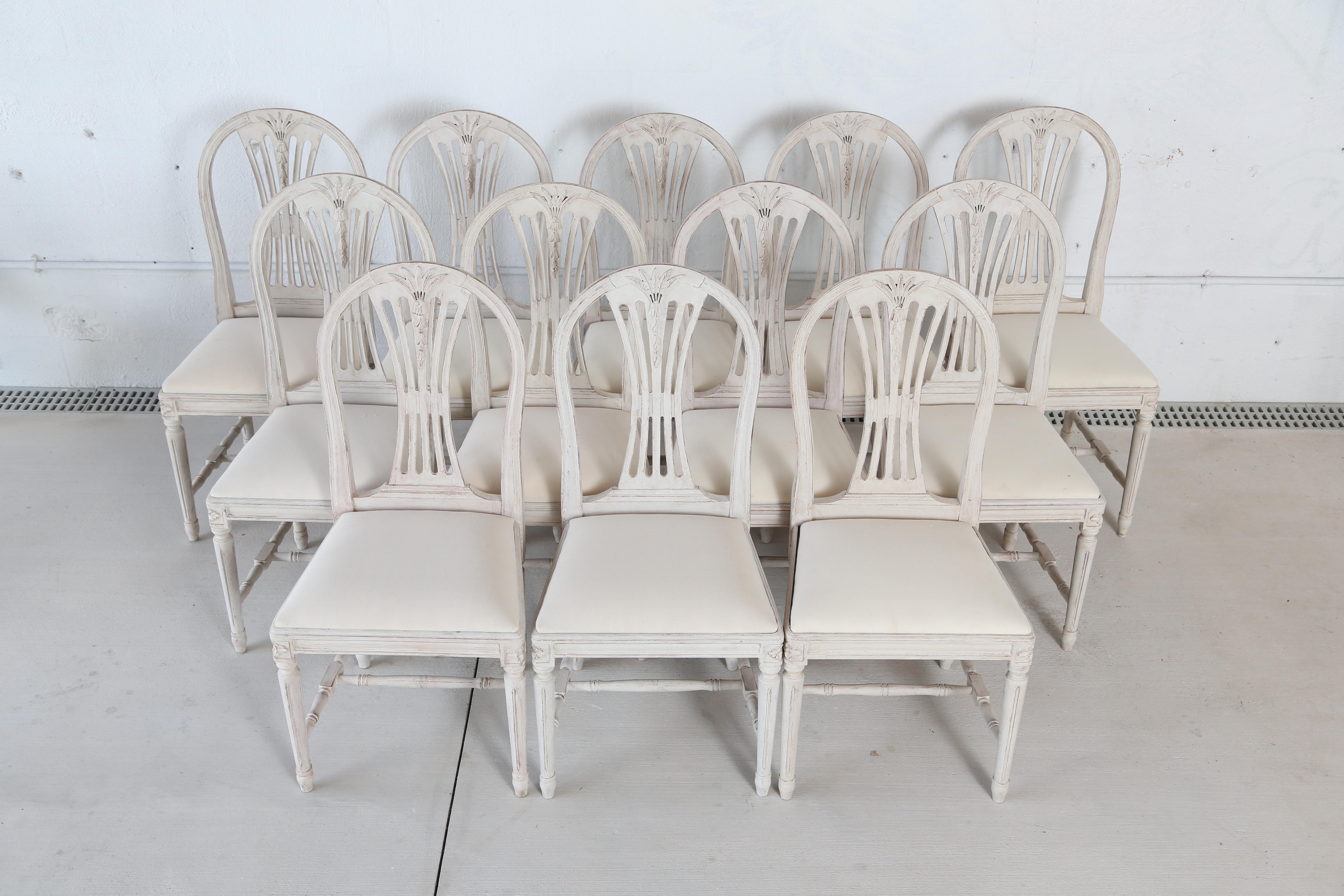 Swedish Set of 12 Antique Painted Gustavian Style Dining Chairs