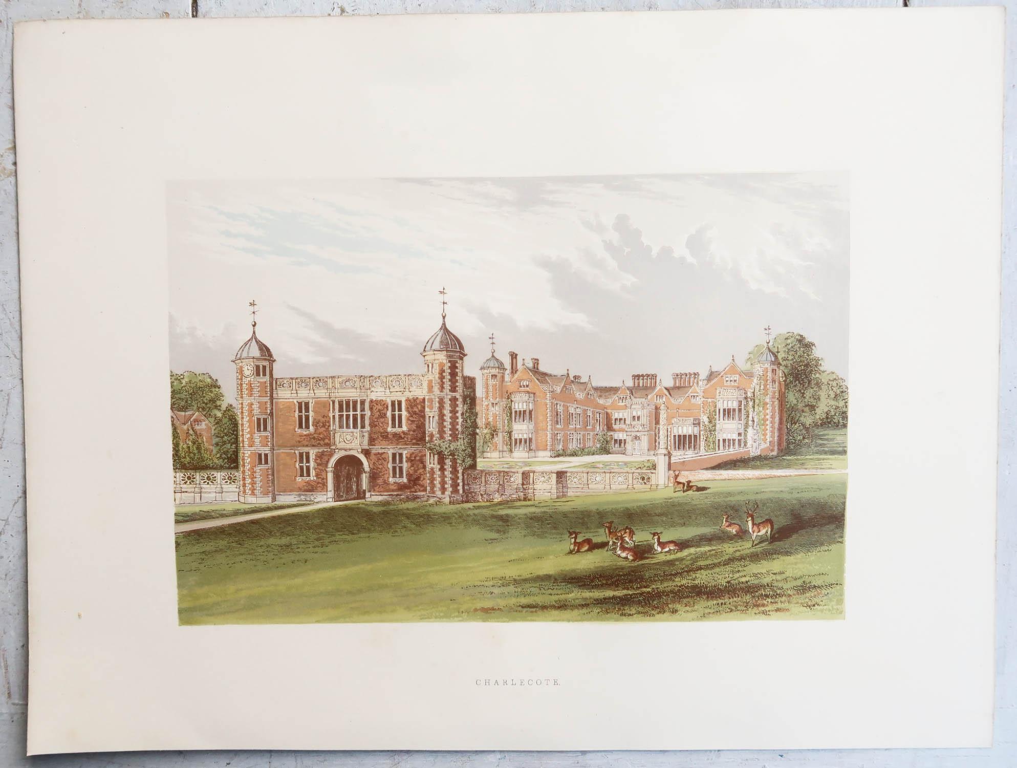Conjunto de 12 grabados antiguos de casas de campo y jardines ingleses, c.1880 Georgiano