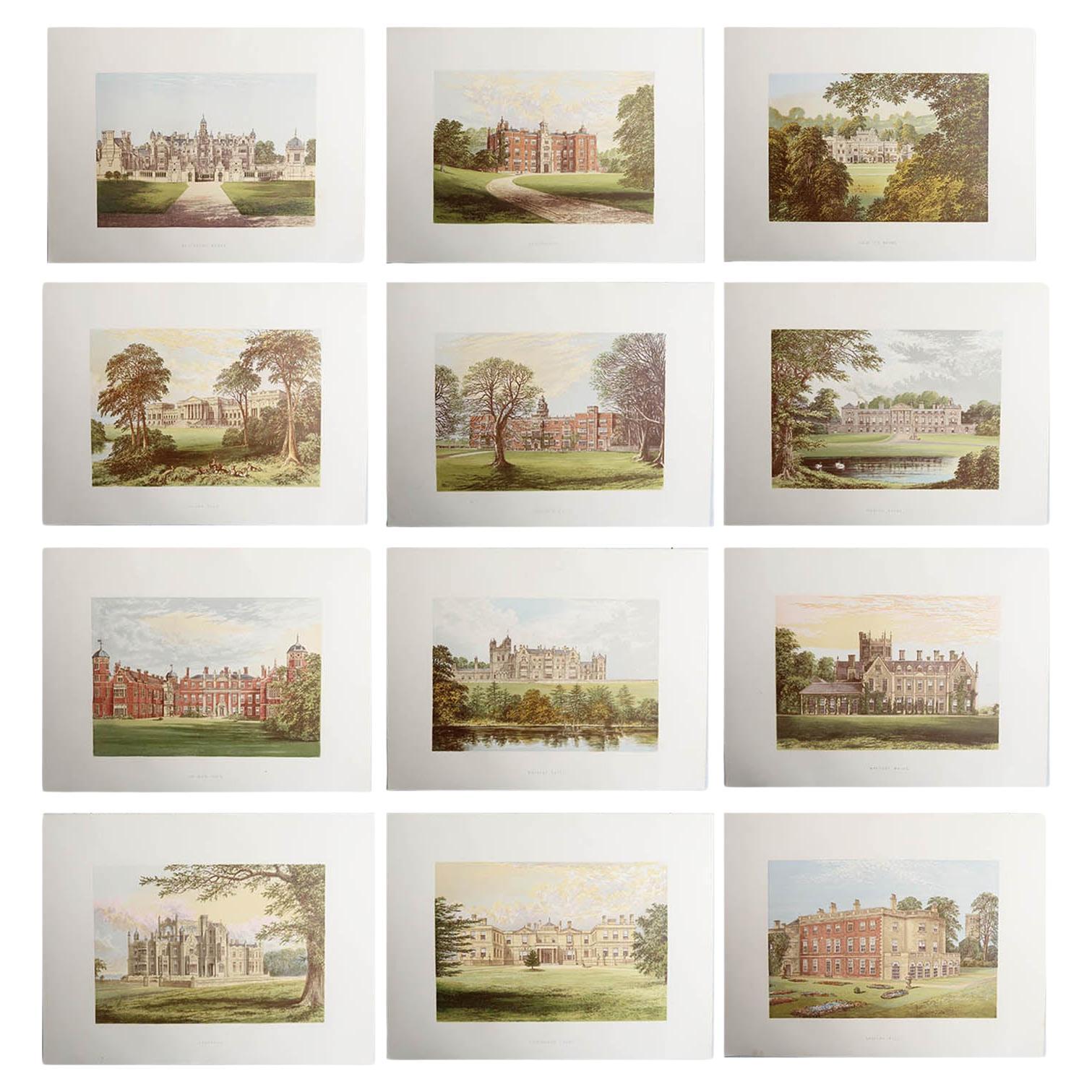 Set of 12 Antique Prints of English Country Houses and Gardens, C.1880 For Sale