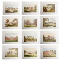 Set von 12 antiken Drucken englischer Landhaus- und Gärten, um 1880