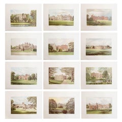 Set von 12 antiken Drucken englischer Landhaus- und Gärten, um 1880