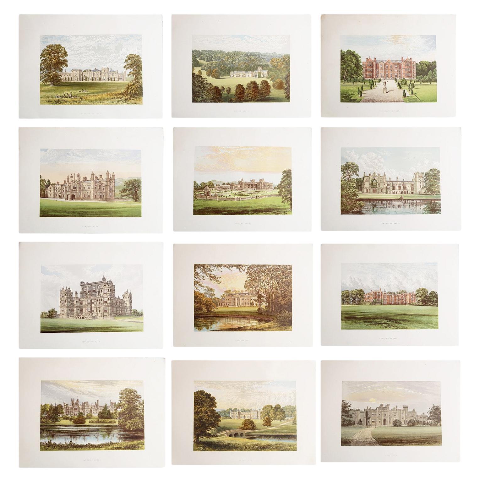 Set of 12 Antique Prints of English Country Houses and Gardens, C.1880