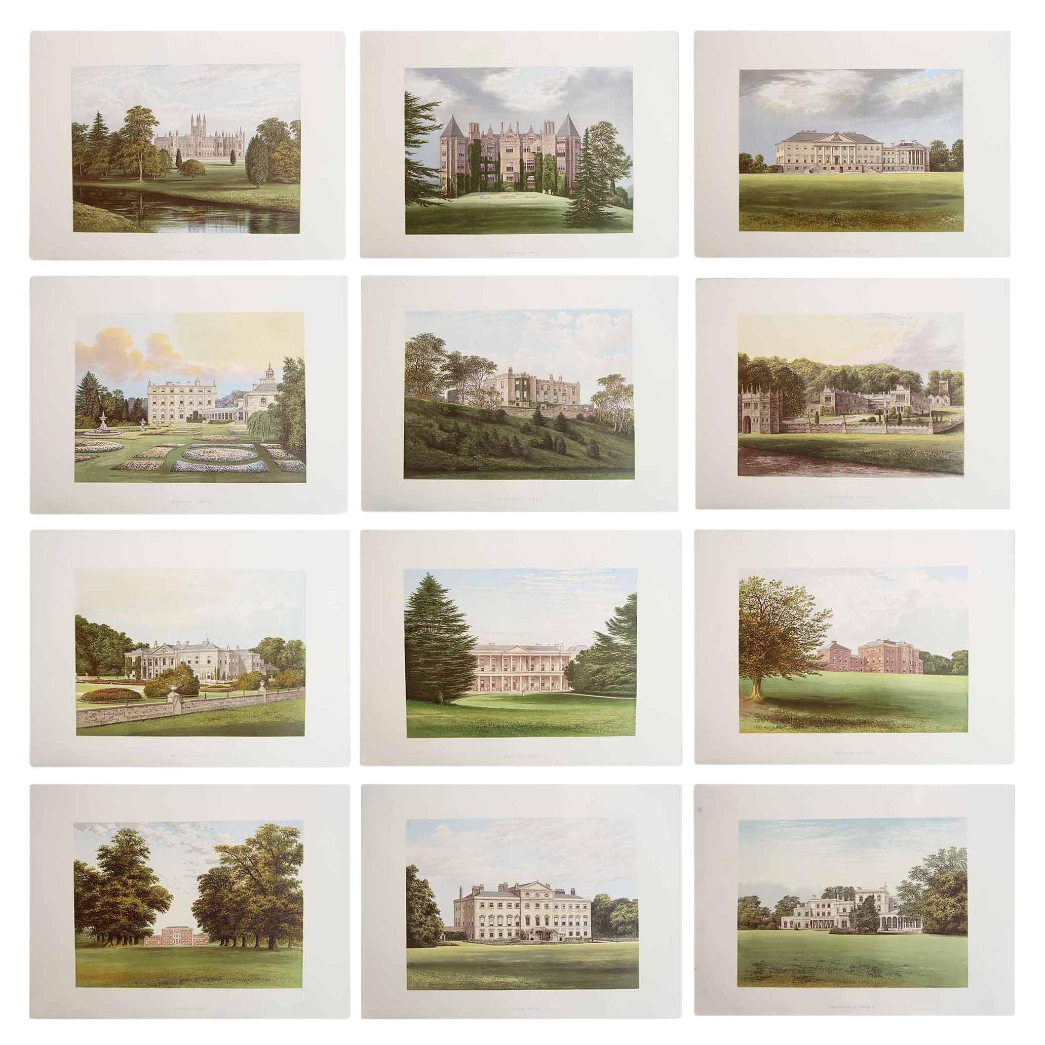 Set di 12 stampe antiche di case e giardini di campagna inglesi, C.C. 1880 in vendita