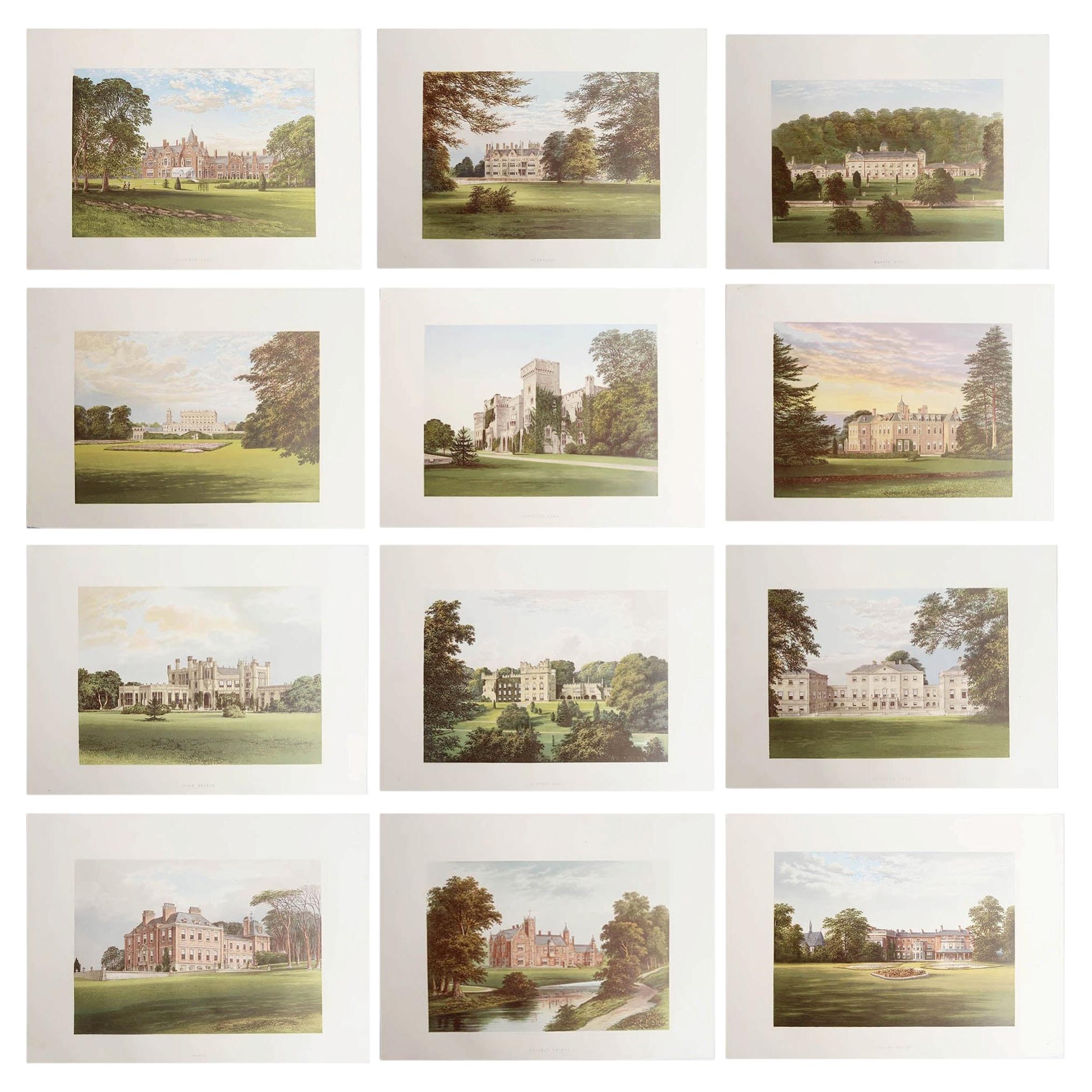 Conjunto de 12 grabados antiguos de casas de campo y jardines ingleses, c.1880