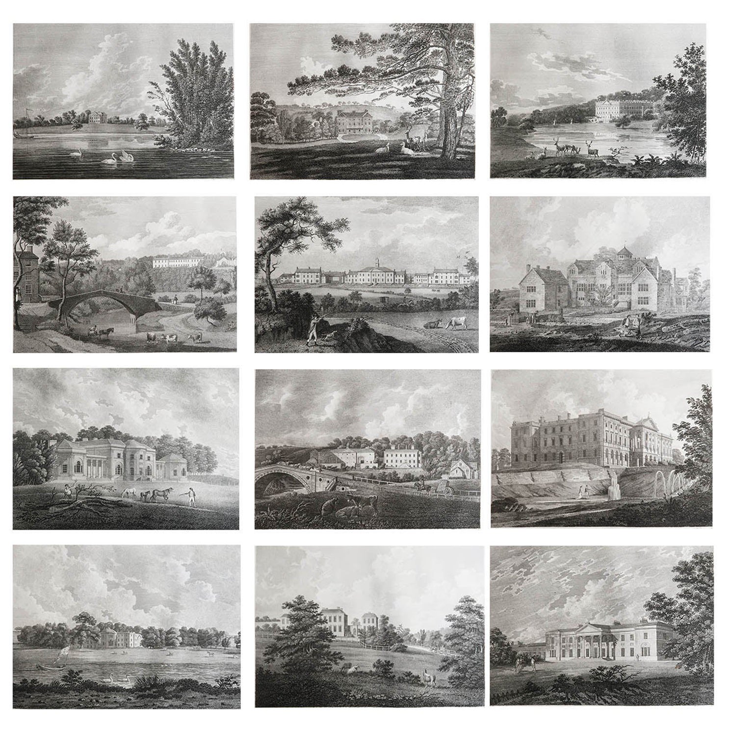 Set of 12 Antique Prints of English Country Houses and Gardens, Dated 1794