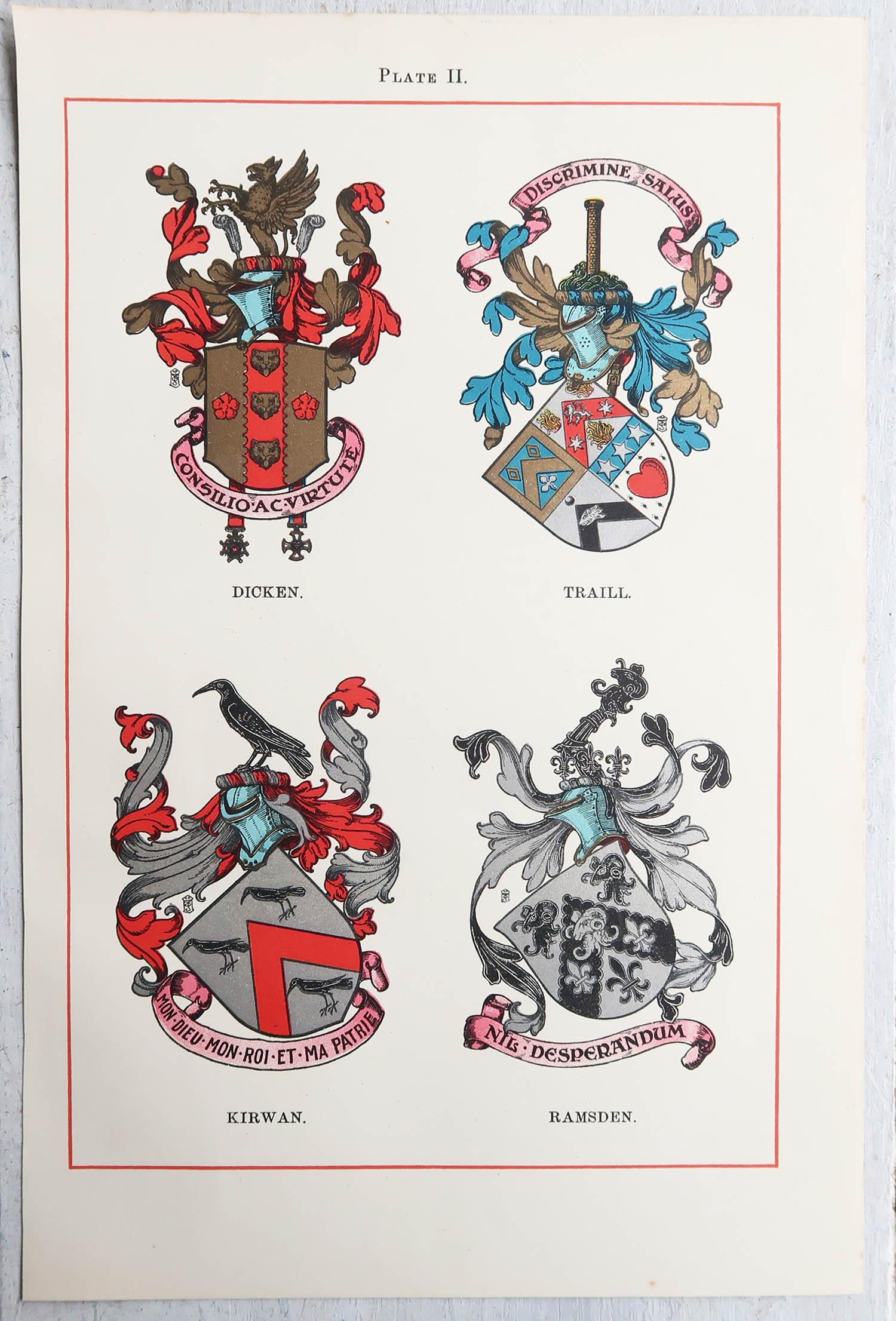Georgian Set of 12 Antique Prints of English Family Coats of Arms. C.1900 For Sale