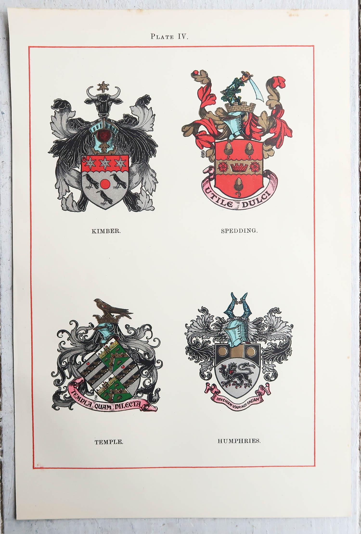 Autre Ensemble de 12 estampes anciennes d'armoiries de famille anglaise C.1900 en vente
