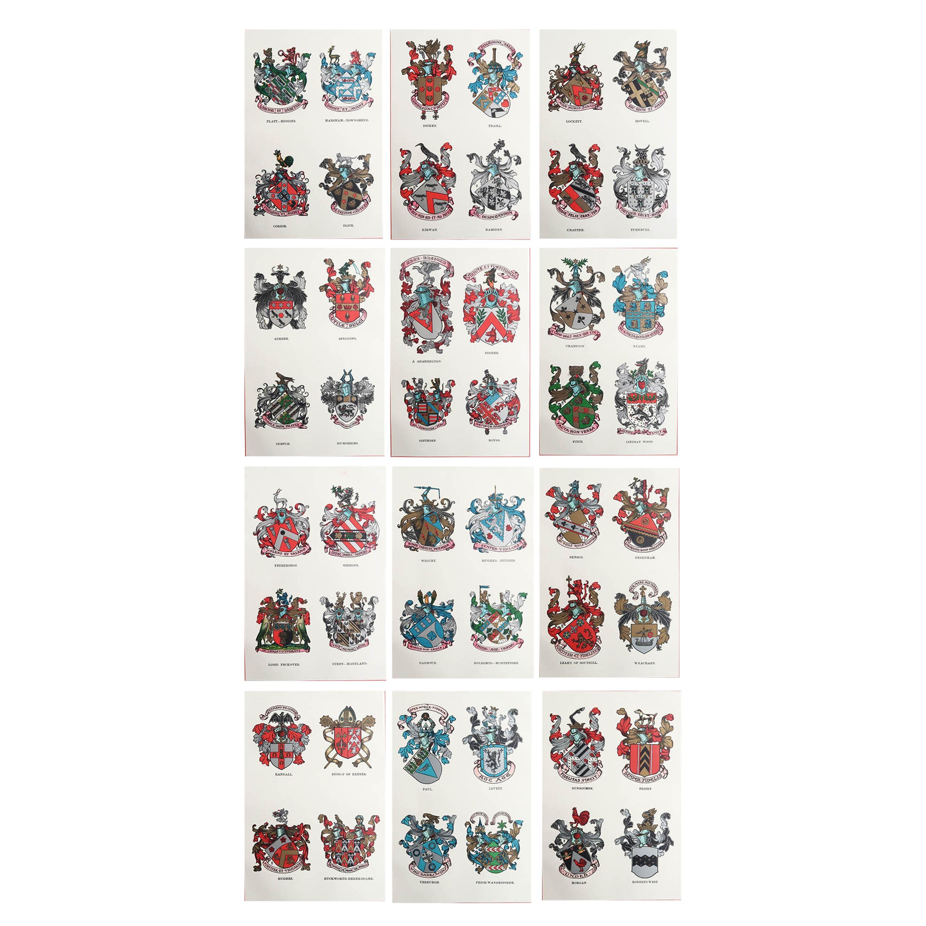 Ensemble de 12 estampes anciennes d'armoiries de famille anglaise C.1900 en vente