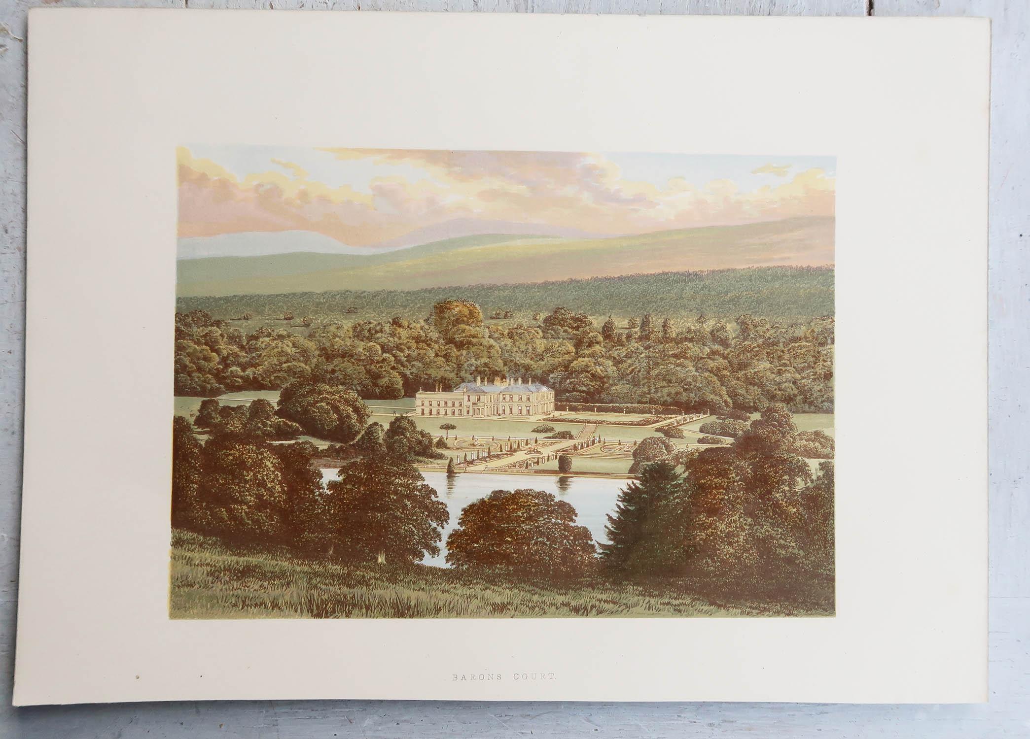 Glorioso conjunto de 12 grabados de casas de campo irlandesas o de casas solariegas.

Cromo-litografías

Según los dibujos originales de Alexander Francis Lydon

Publicado por Mackenzie C.1880

Sin enmarcar.

La medida indicada es el tamaño de papel