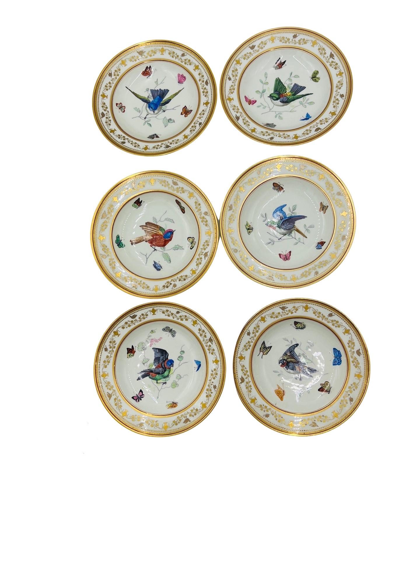An incredibly rare set of Royal Vienna plates depicting 12 different finely enamel painted bird plates accented by multicolored butterflies to the center bowls and a stunning vine motif to the borders which feature neoclassical urns, birds and more