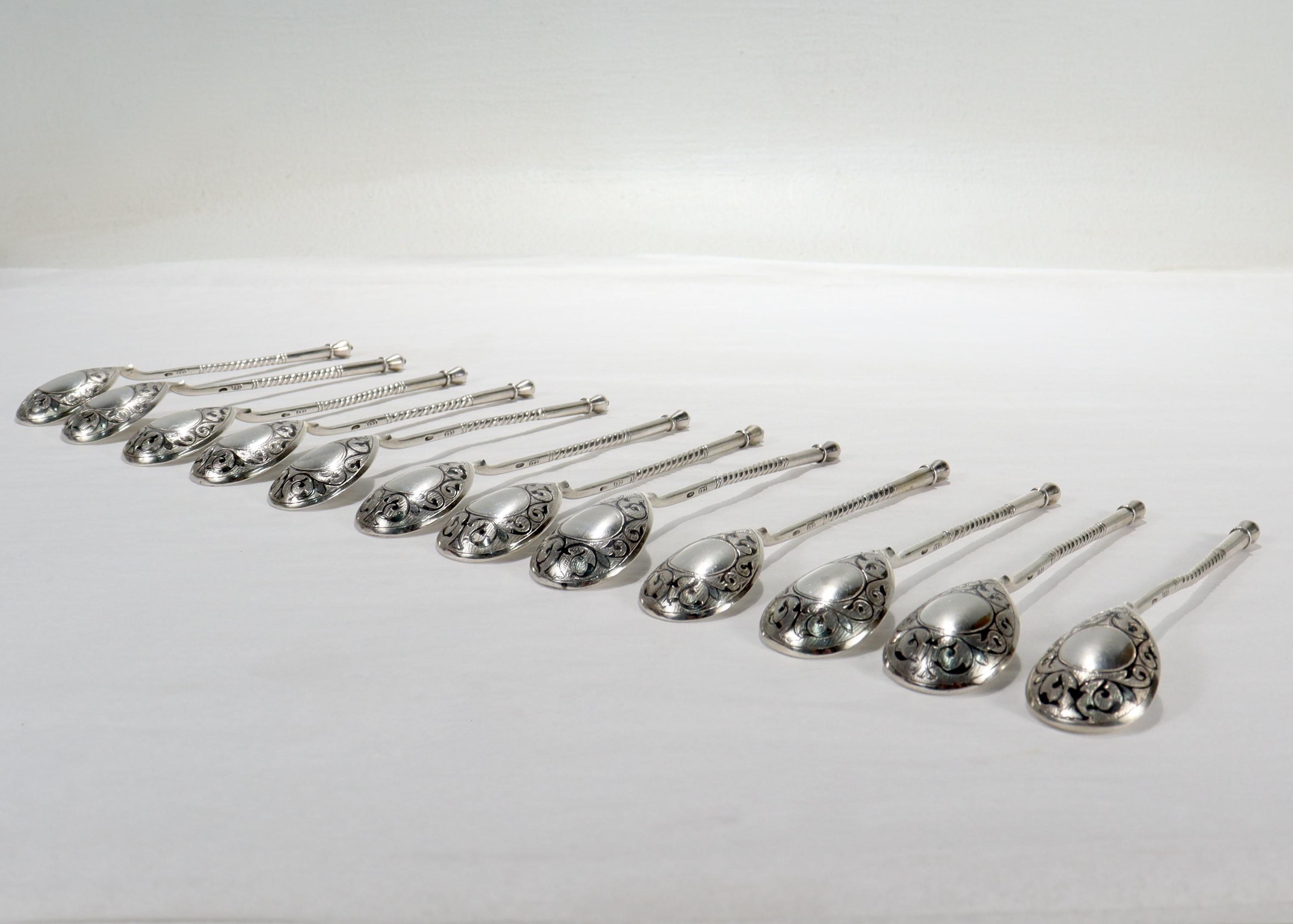 Set of 12 Antique Russian Niello Decorated Teaspoons by Levin Stepan Kuzmich For Sale 2