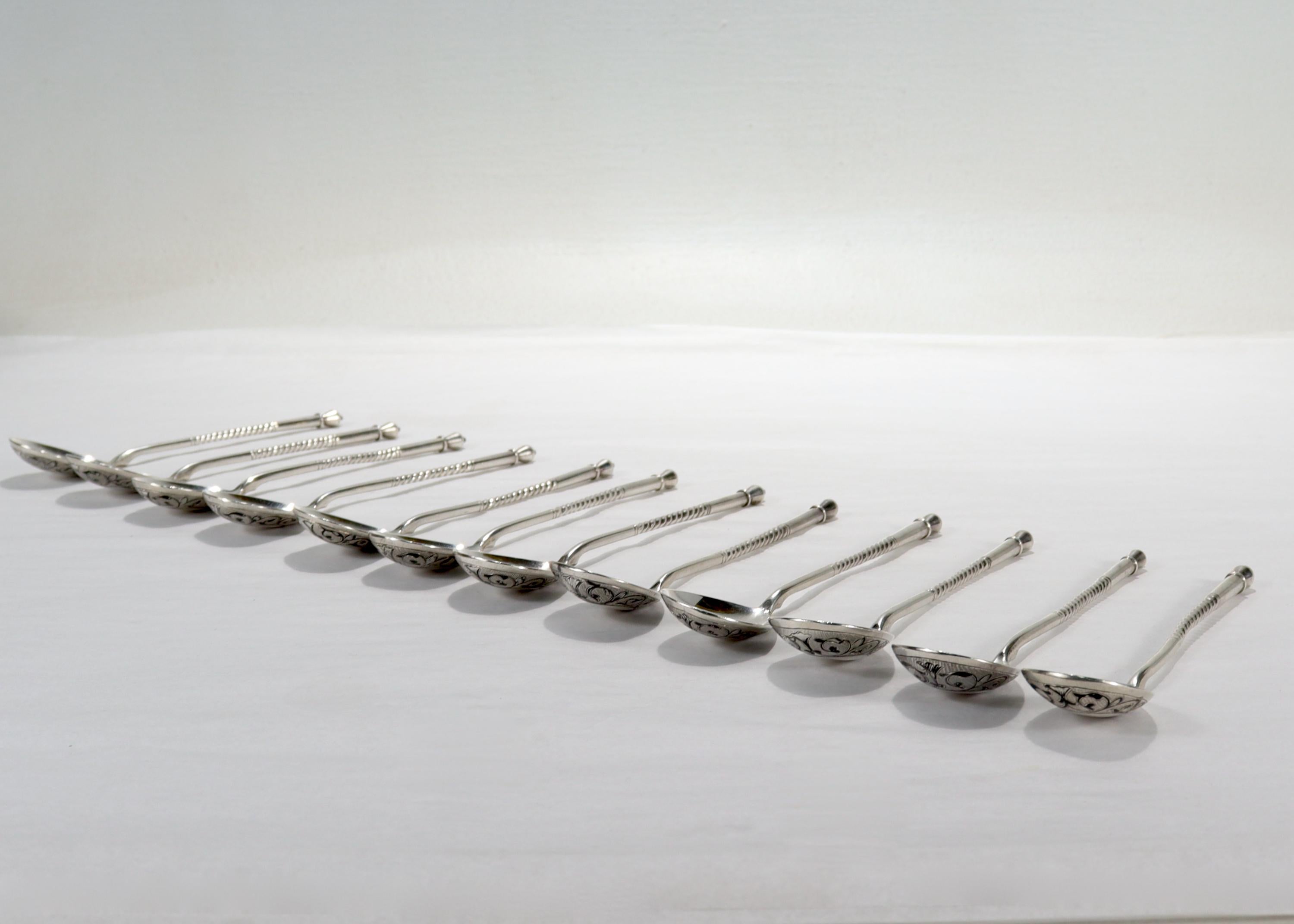 Set of 12 Antique Russian Niello Decorated Teaspoons by Levin Stepan Kuzmich For Sale 3