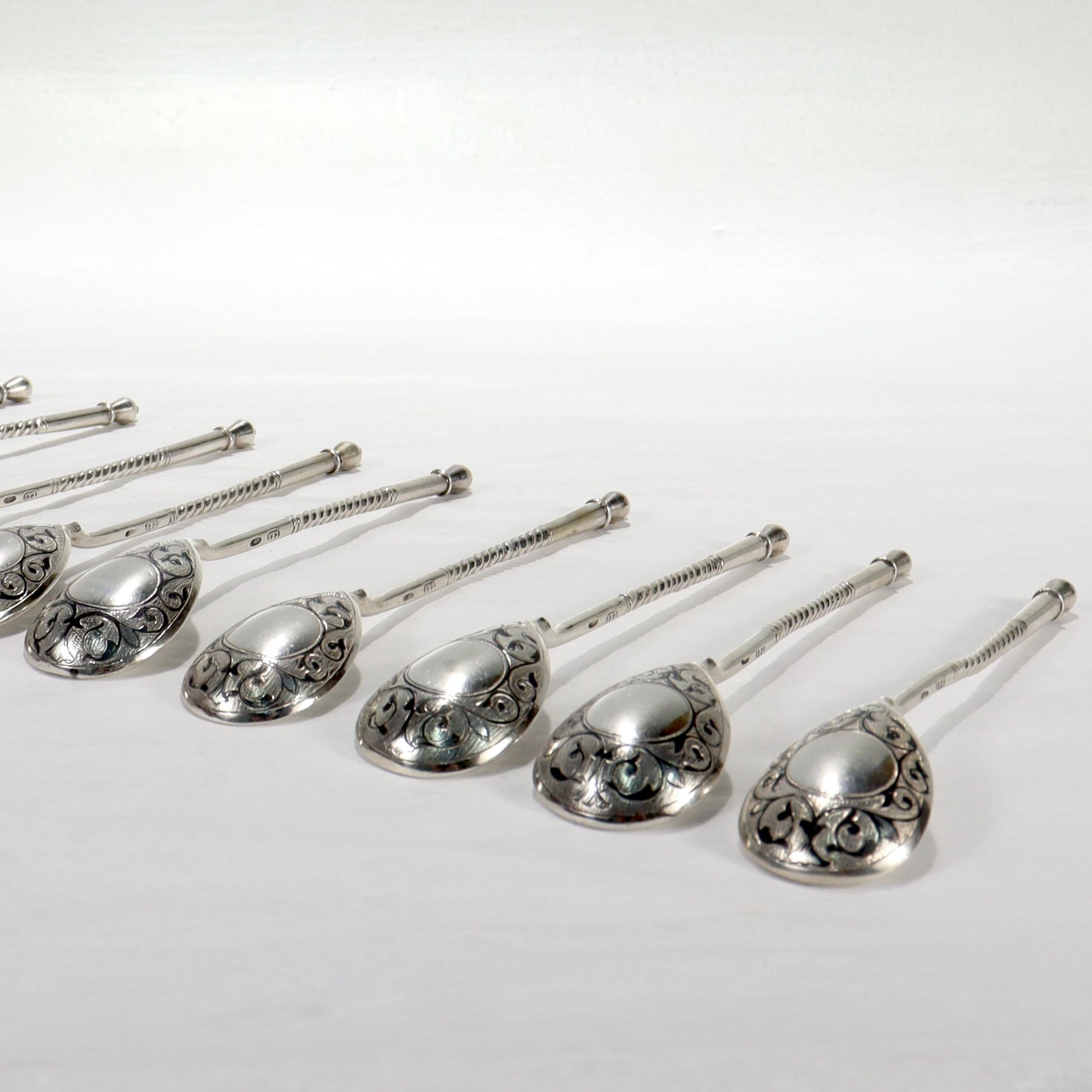 Set of 12 Antique Russian Niello Decorated Teaspoons by Levin Stepan Kuzmich For Sale 11