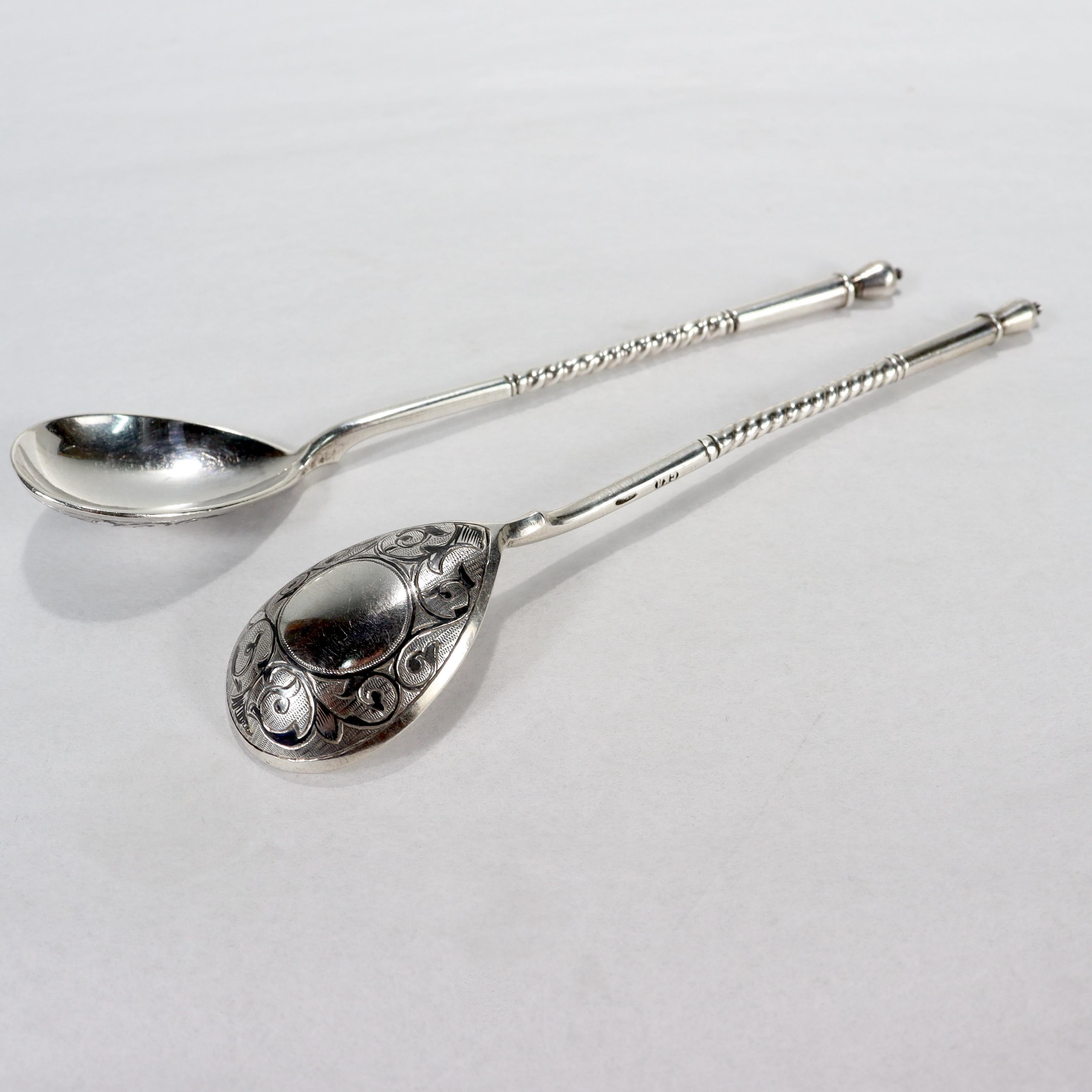 Russian Revival Set of 12 Antique Russian Niello Decorated Teaspoons by Levin Stepan Kuzmich For Sale