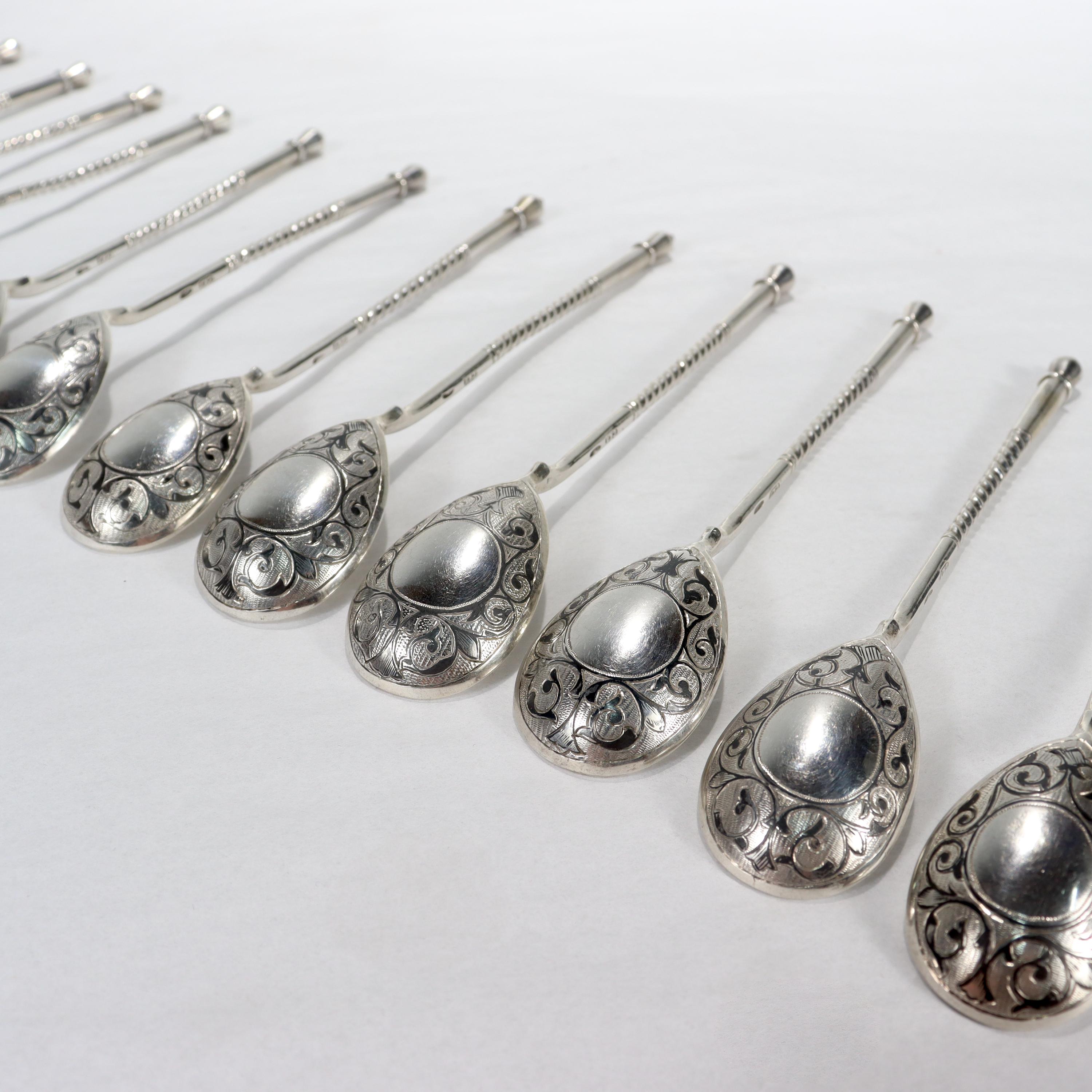 Set of 12 Antique Russian Niello Decorated Teaspoons by Levin Stepan Kuzmich In Good Condition For Sale In Philadelphia, PA