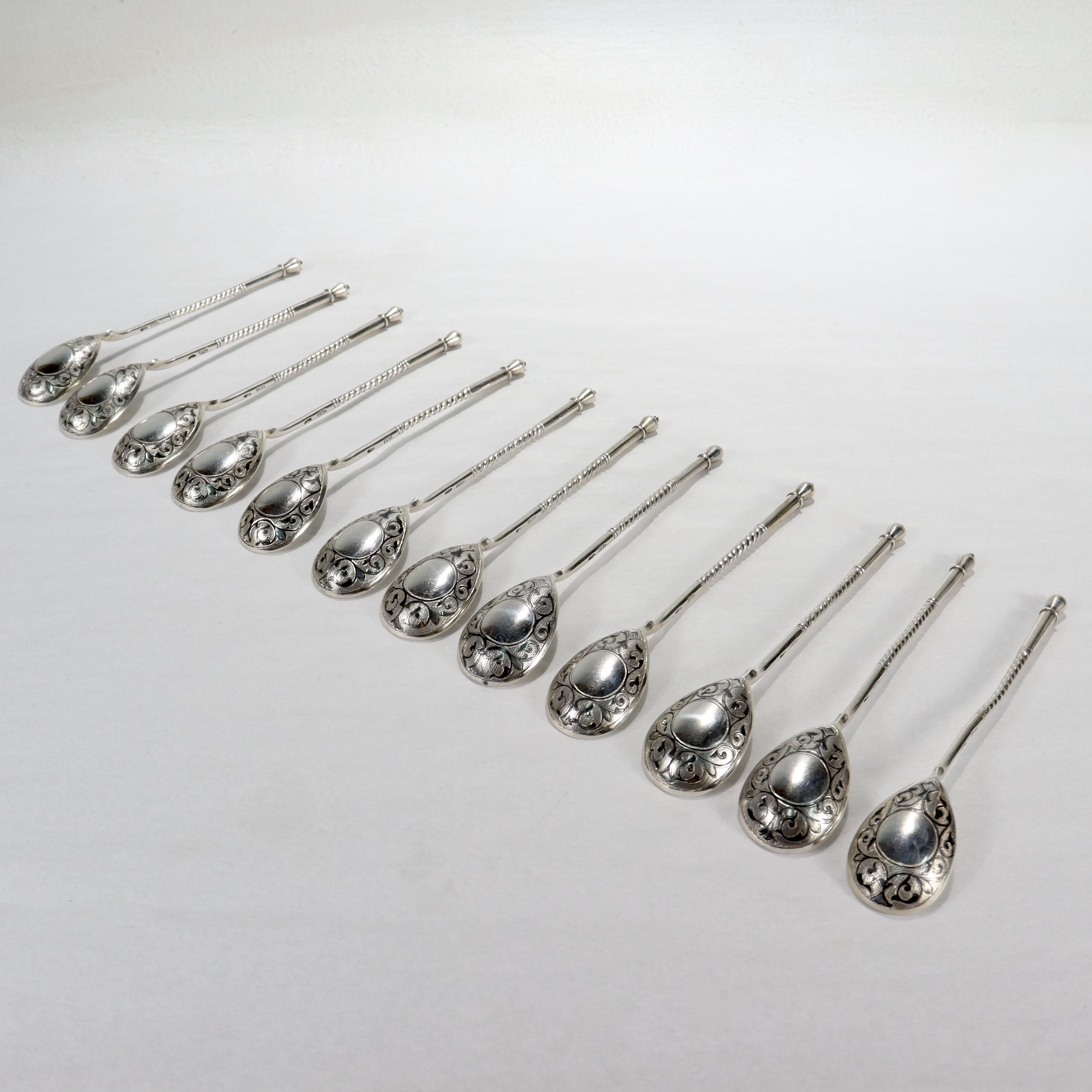 Set of 12 Antique Russian Niello Decorated Teaspoons by Levin Stepan Kuzmich For Sale 1