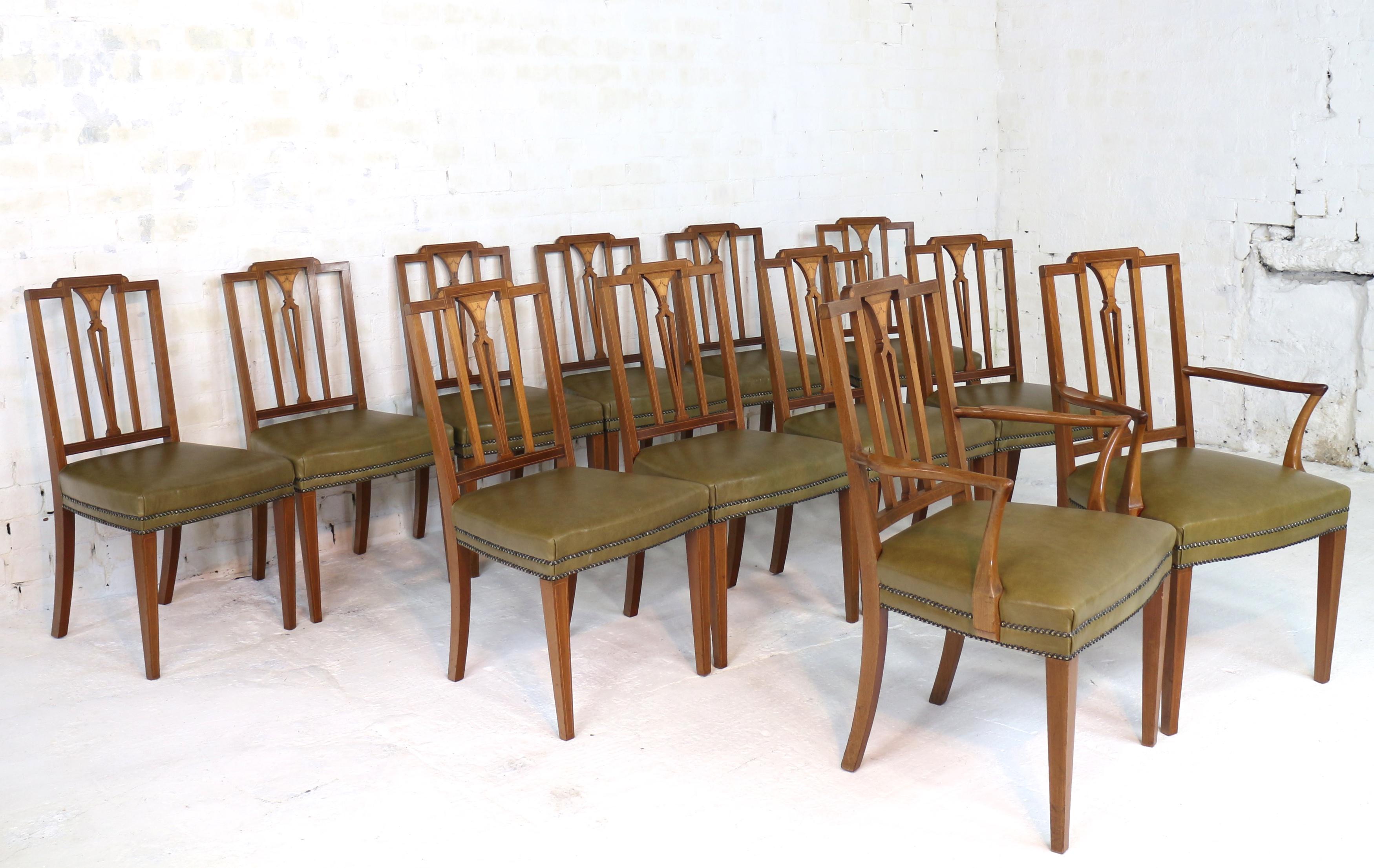 An attractive set of 12 late Victorian/Edwardian mahogany and inlaid Sheraton Revival dining chairs by James Garvie & Sons of Aberdeen. The boxwood strung backs with inlaid pierced centre splat and standing on boxwood strung square tapering legs
