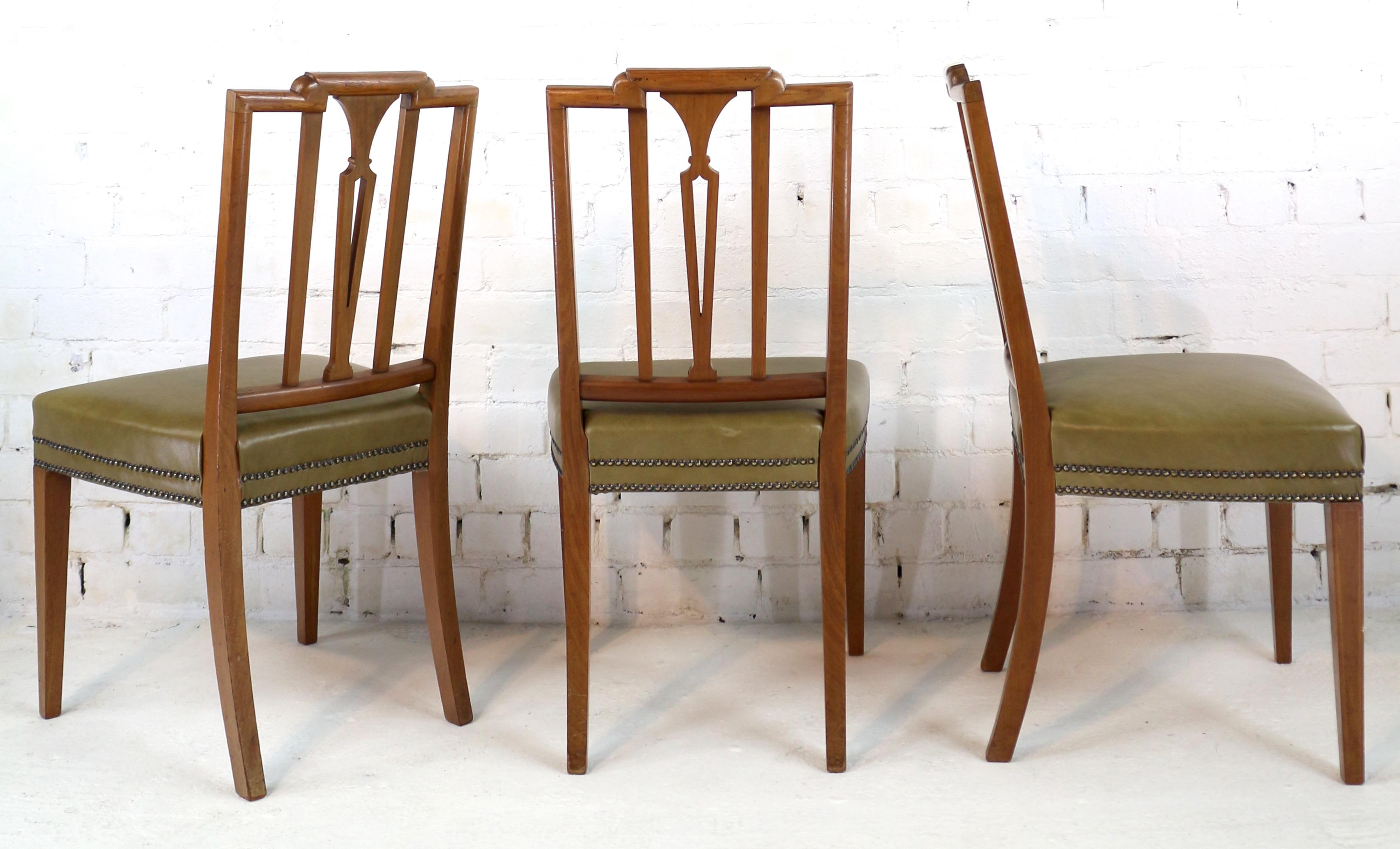 Leather Set of 12 Antique Scottish Sheraton Revival Mahogany Inlaid Dining Chairs
